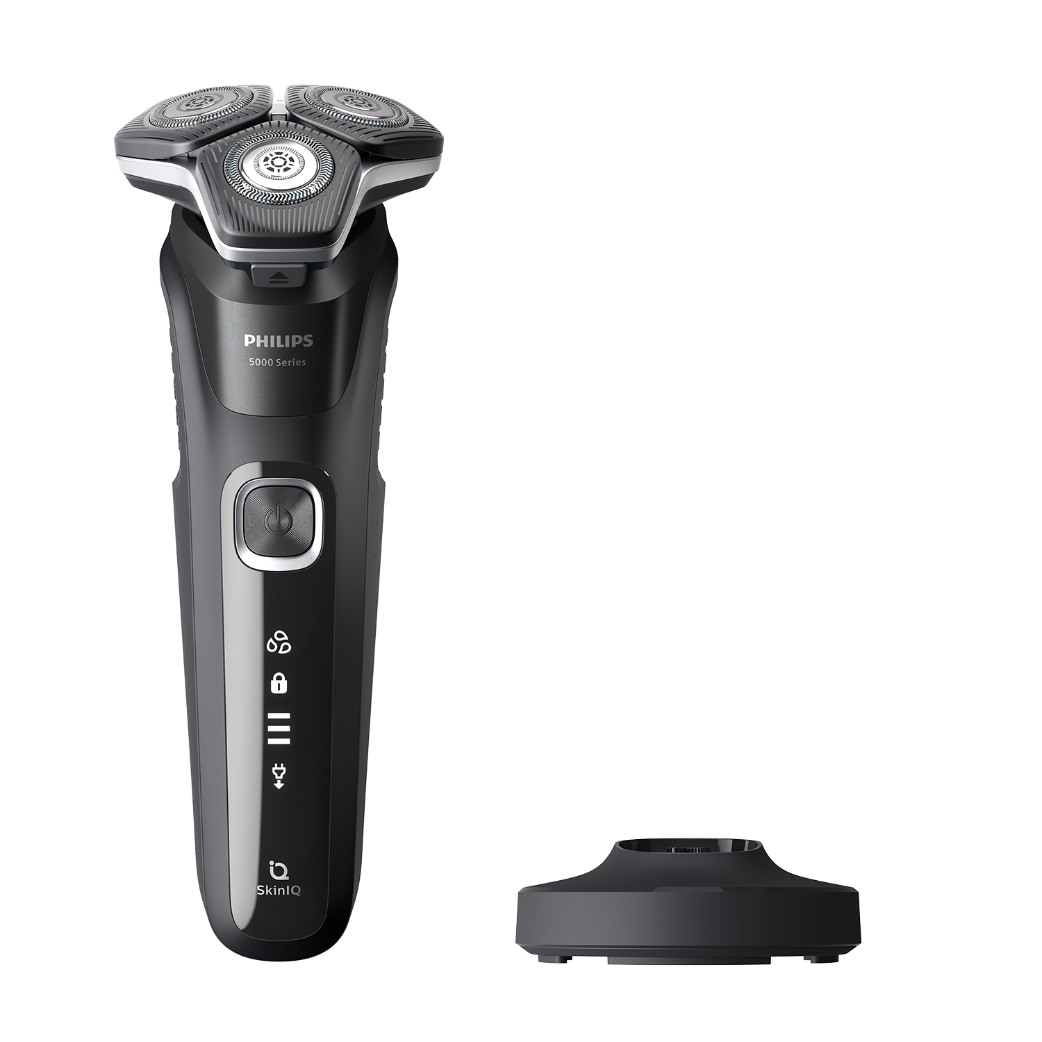 Czarna golarka elektryczna z trzema głowicami obrotowymi i podstawą ładującą. Czarne tło.