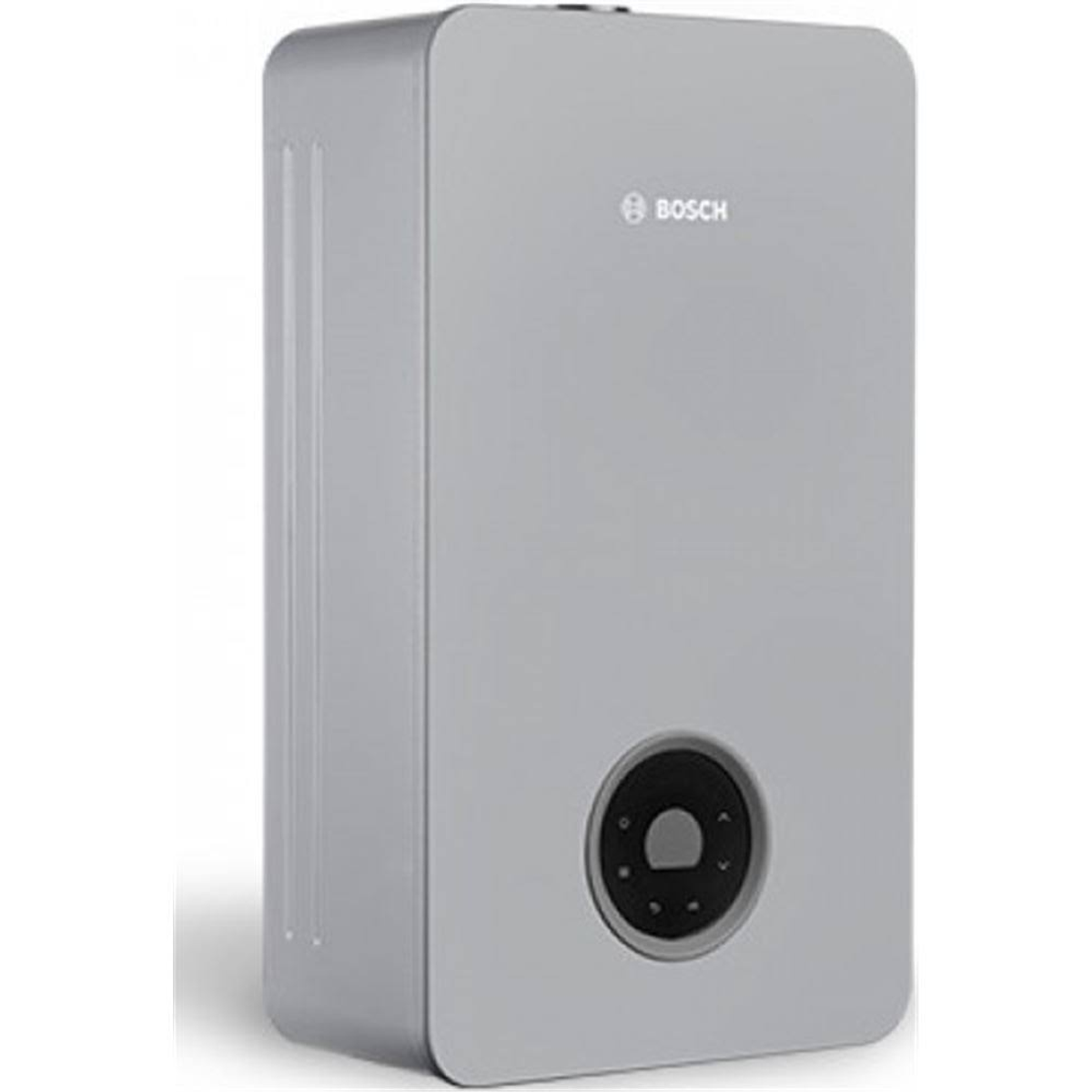 Un calentador de agua gris BOSCH con un panel de control circular negro y un diseño minimalista.