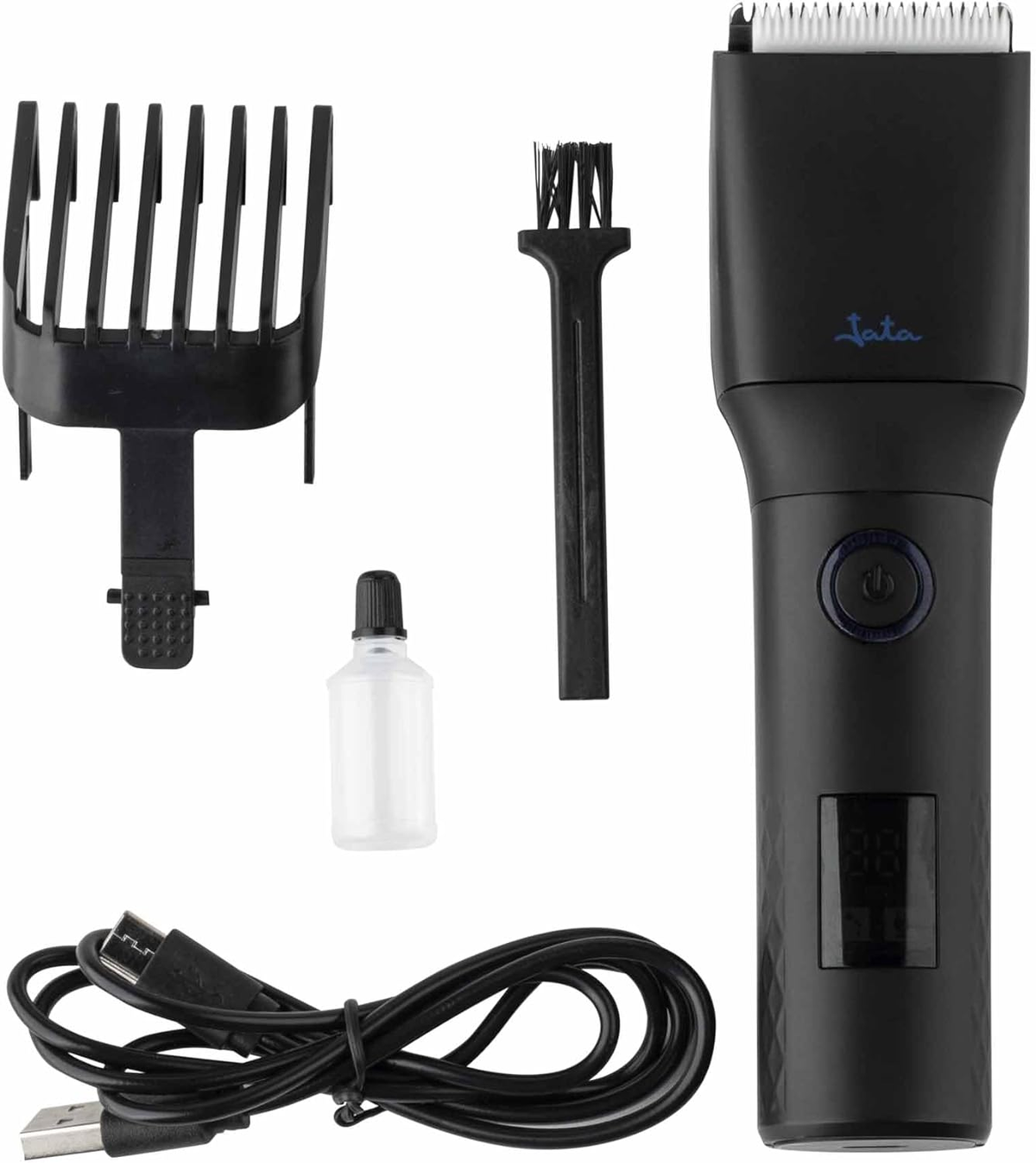 Cortapelos negro con accesorios. Incluye peines, cepillo, botella de aceite y cable USB.