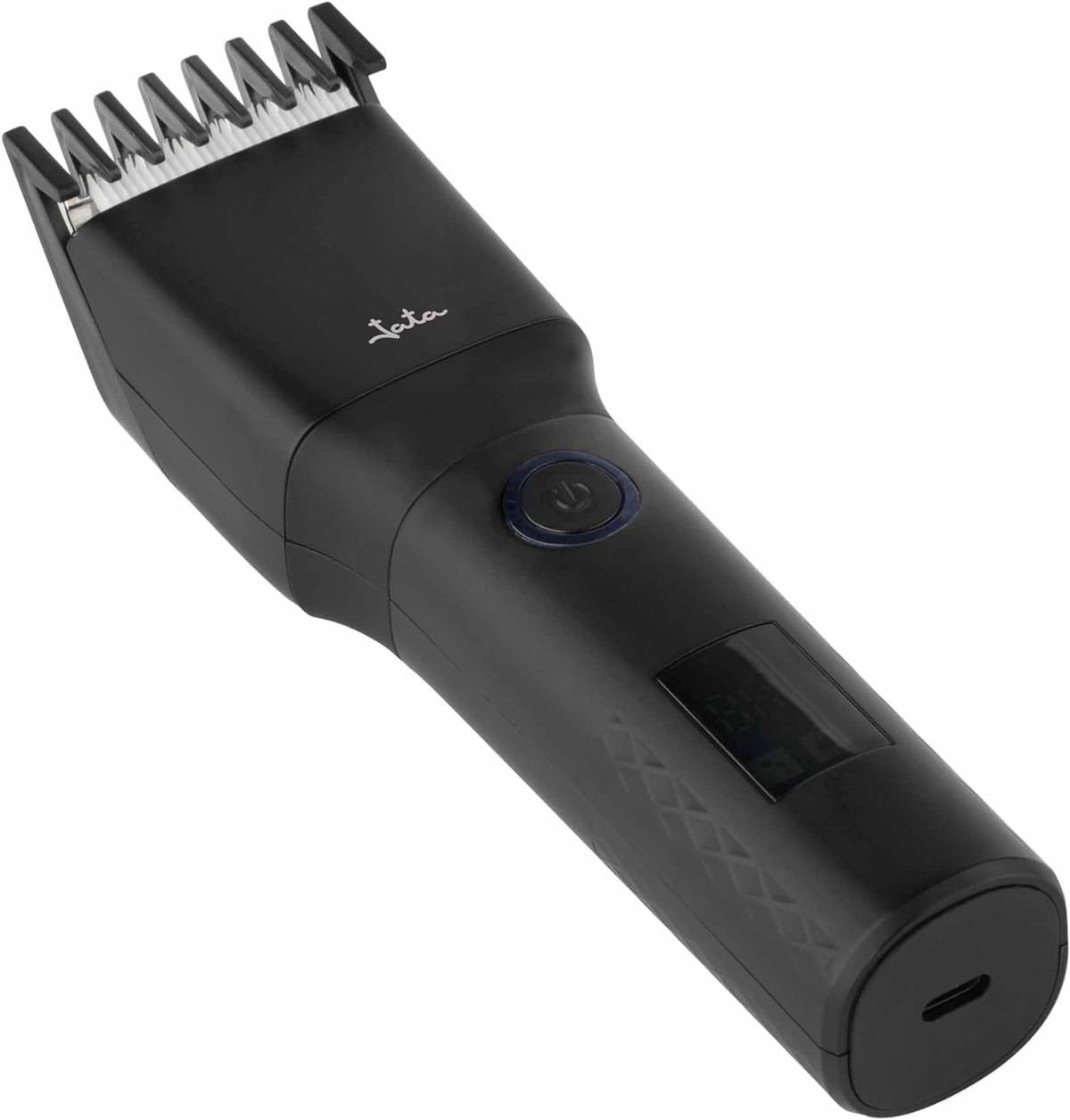 Cortapelos negro con botón de encendido, pantalla LCD y juego de peines de corte.