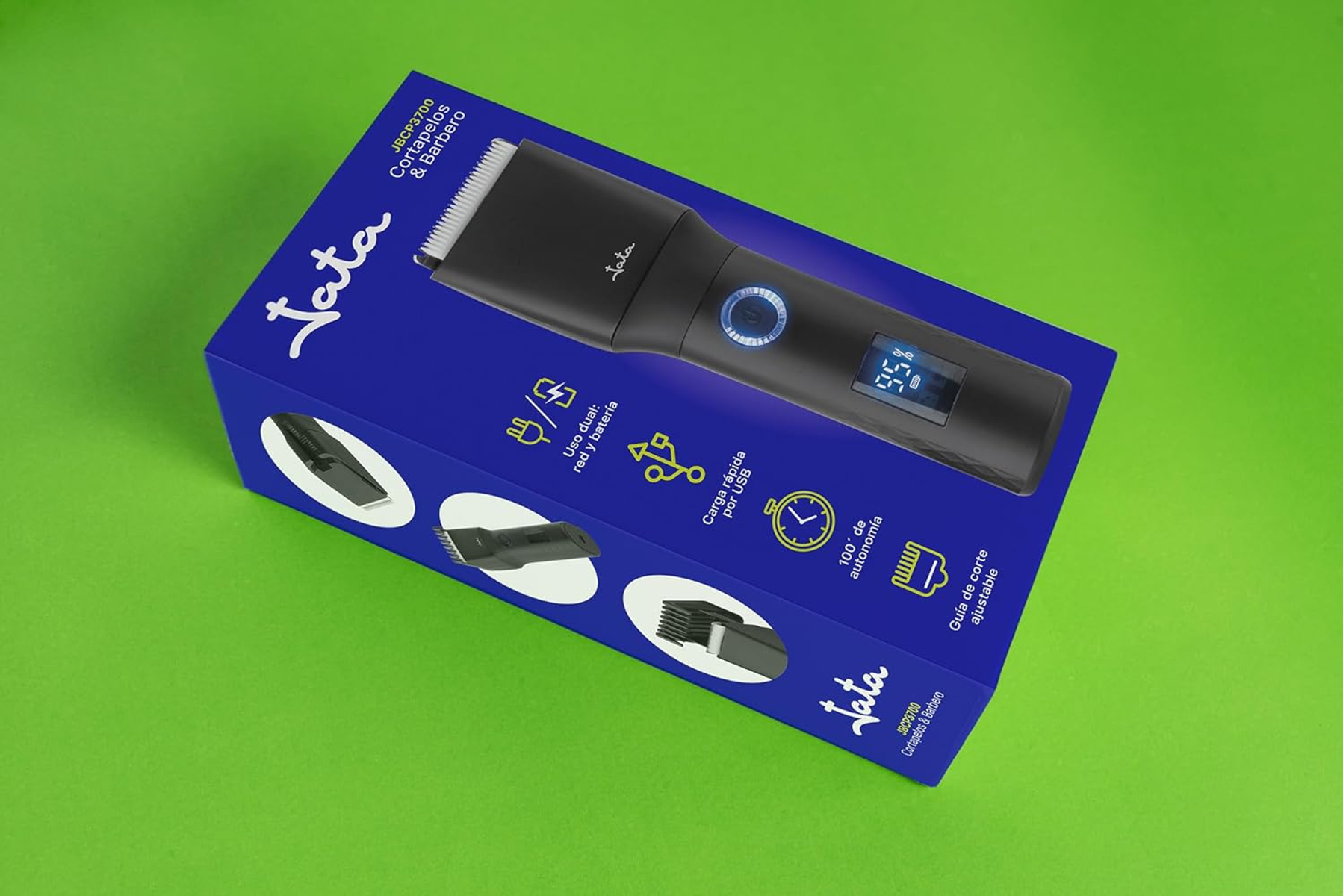 Caja azul con cortapelos negro. La caja tiene imágenes del cortapelos y sus partes.