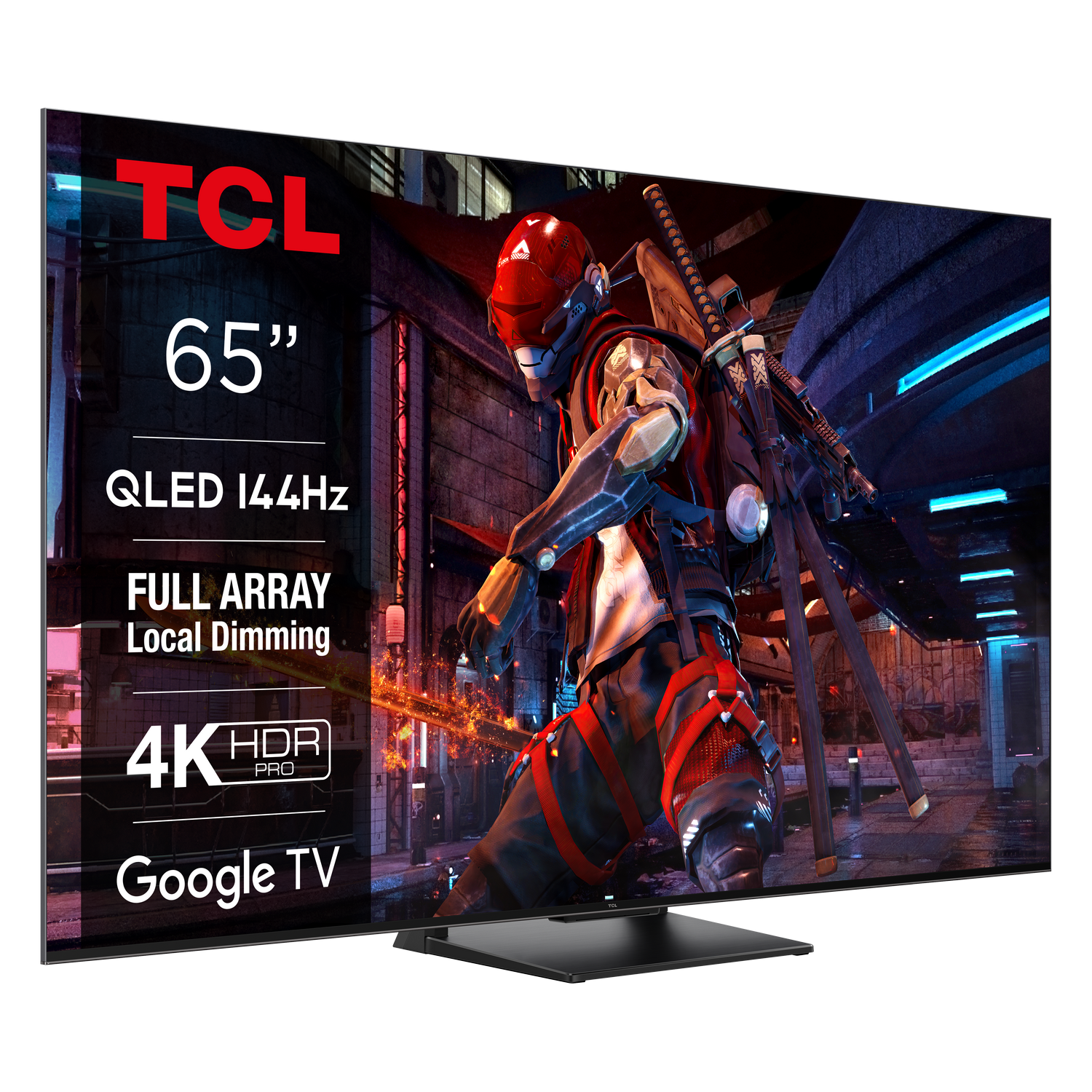 TV TCL de 65" mostrando una escena colorida. Tiene Google TV, 4K HDR Pro y QLED 144Hz.