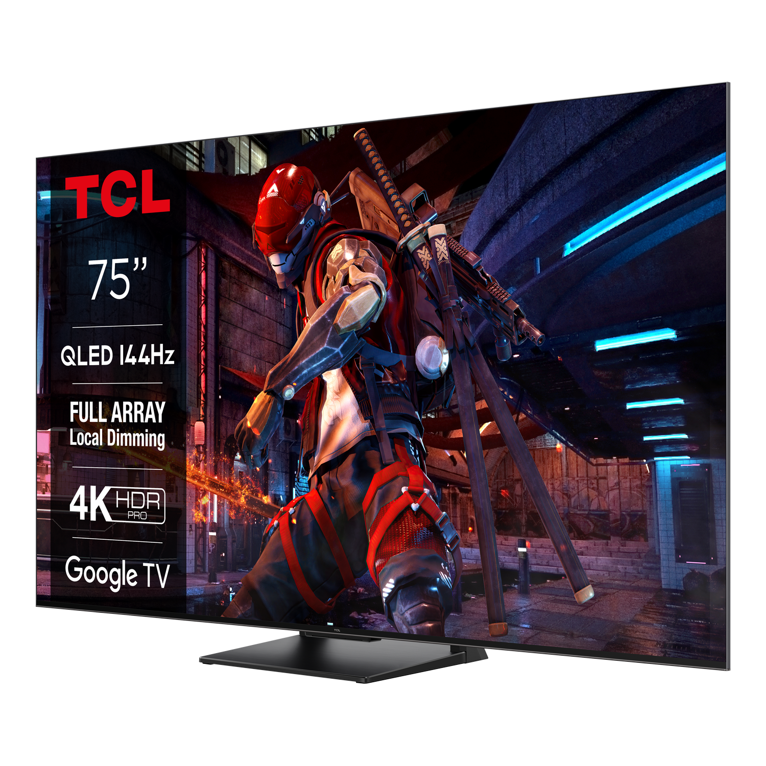TV TCL de 75" que muestra una escena de juego. Texto sobre las funciones es visible.
