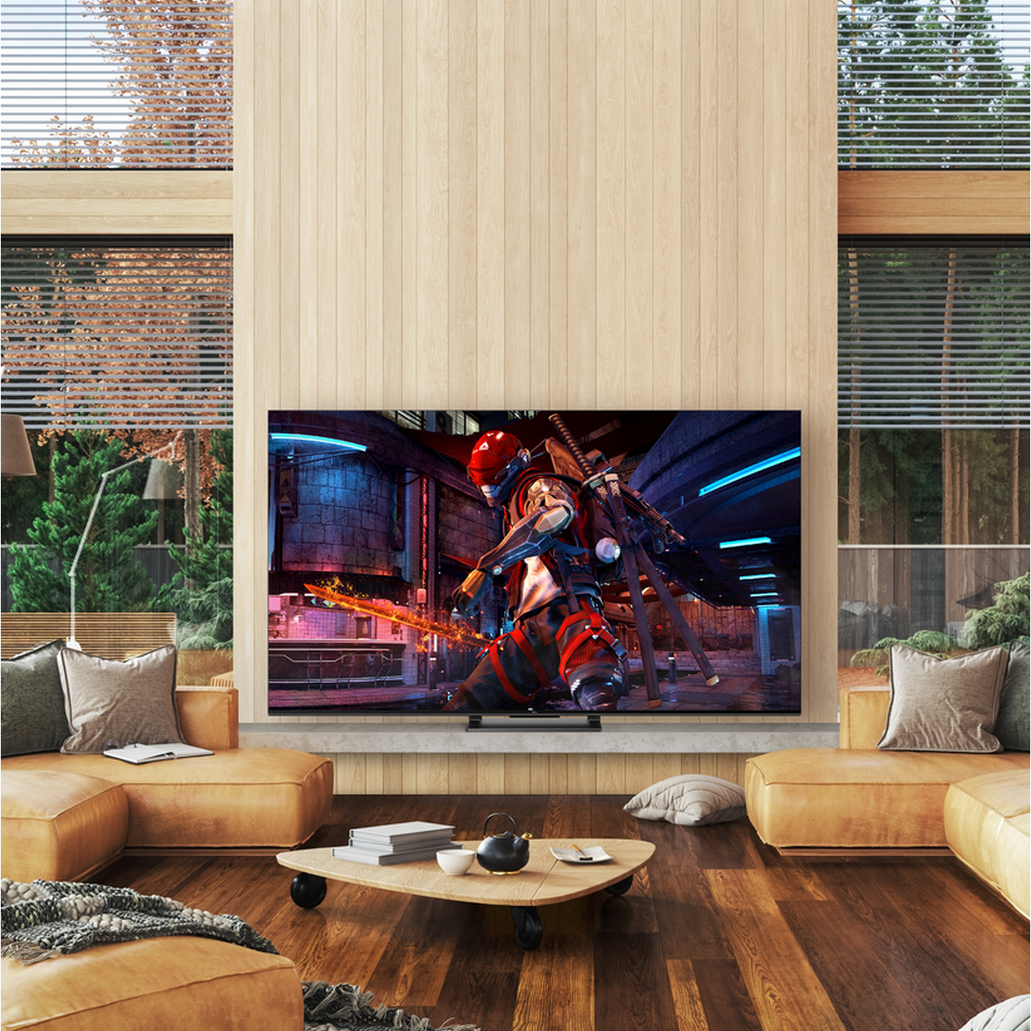 Una gran pantalla de TV que muestra un videojuego en un salón moderno.