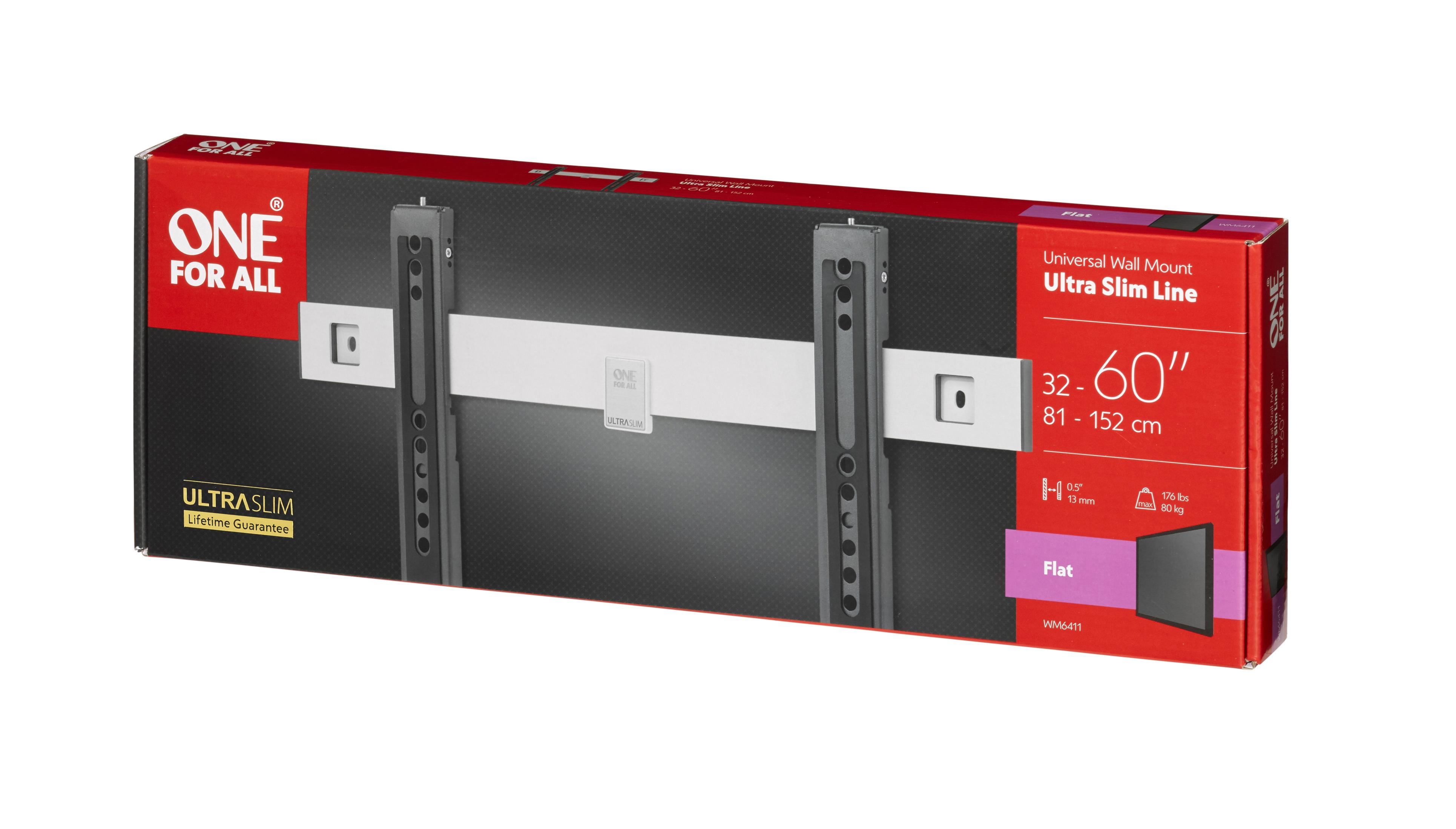 Eine Produktbox für eine TV-Wandhalterung, rot und weiß, mit Produktinformationen und einer TV-Grafik.