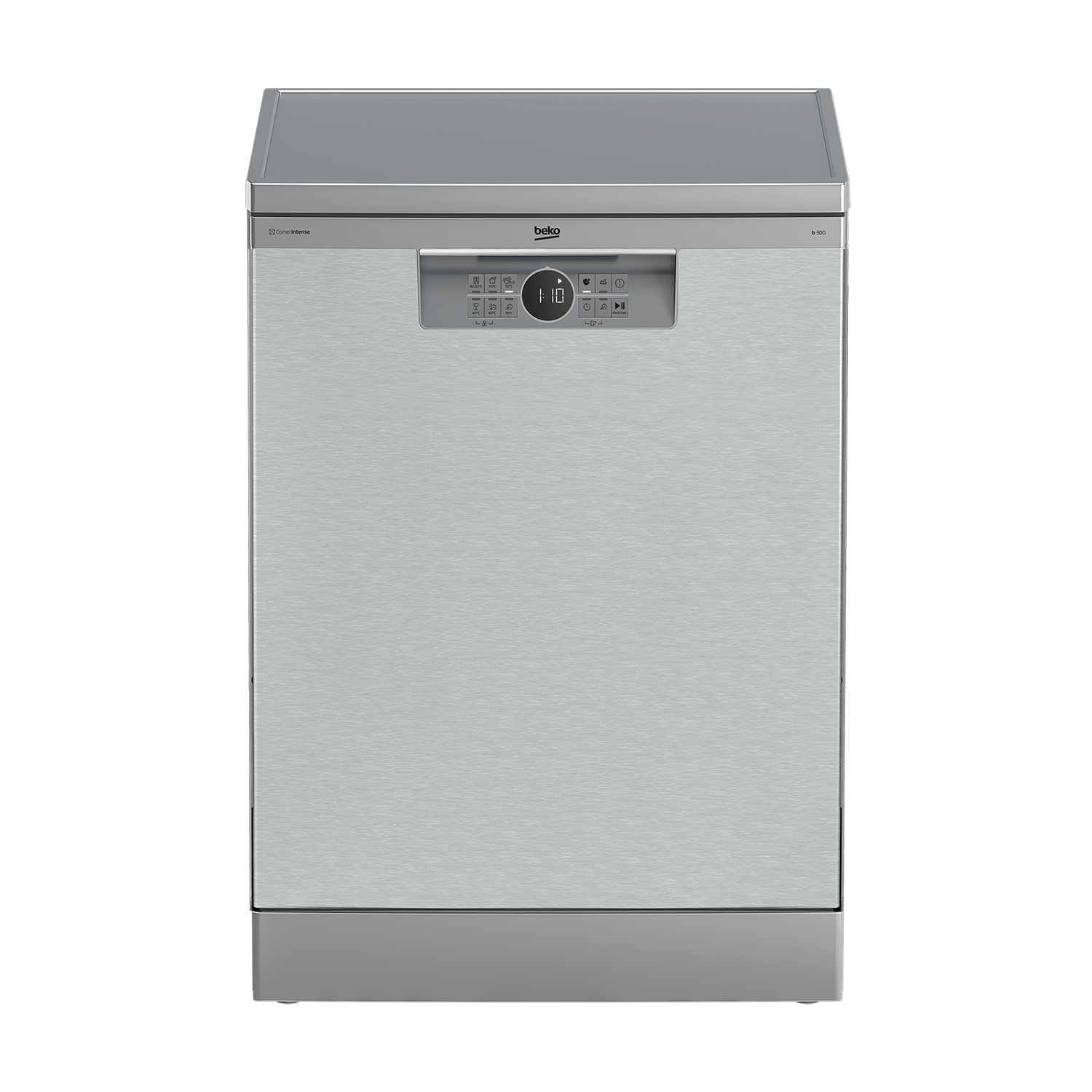 Srebrna zmywarka, widok z przodu, czarne tło.