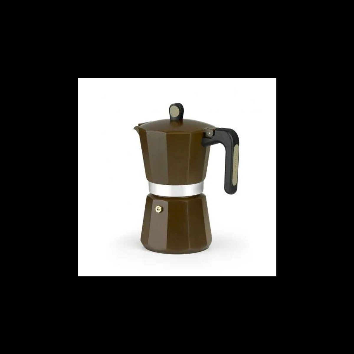 Brązowy kawiarka na białym tle. Ma czarny uchwyt i srebrną opaskę.