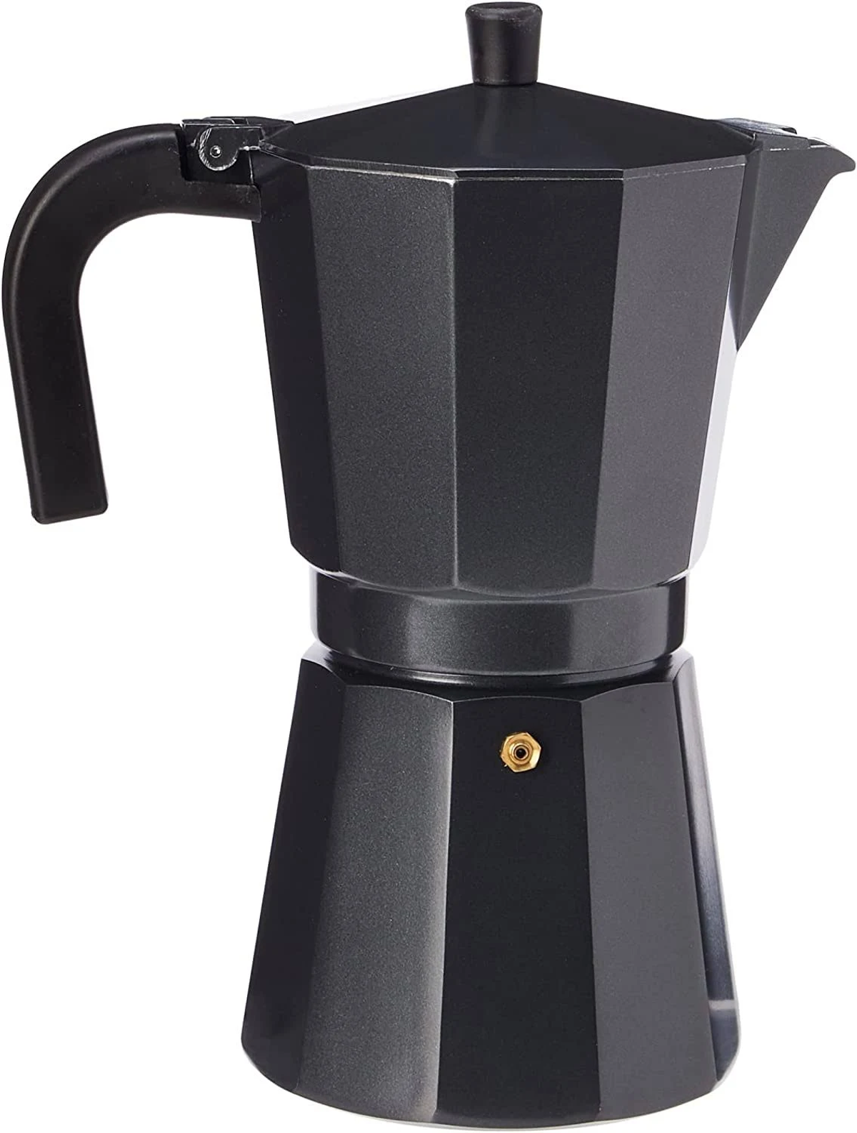 Cafetera moka negra sobre fondo blanco. Tiene un asa, una tapa y una pequeña válvula de latón.