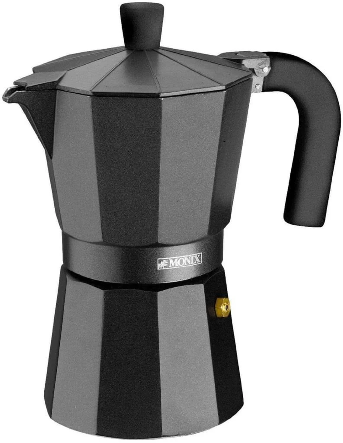 Cafetera moka Monix negra, vista superior. Forma hexagonal. Asa negra. Detalle dorado. Fondo blanco.