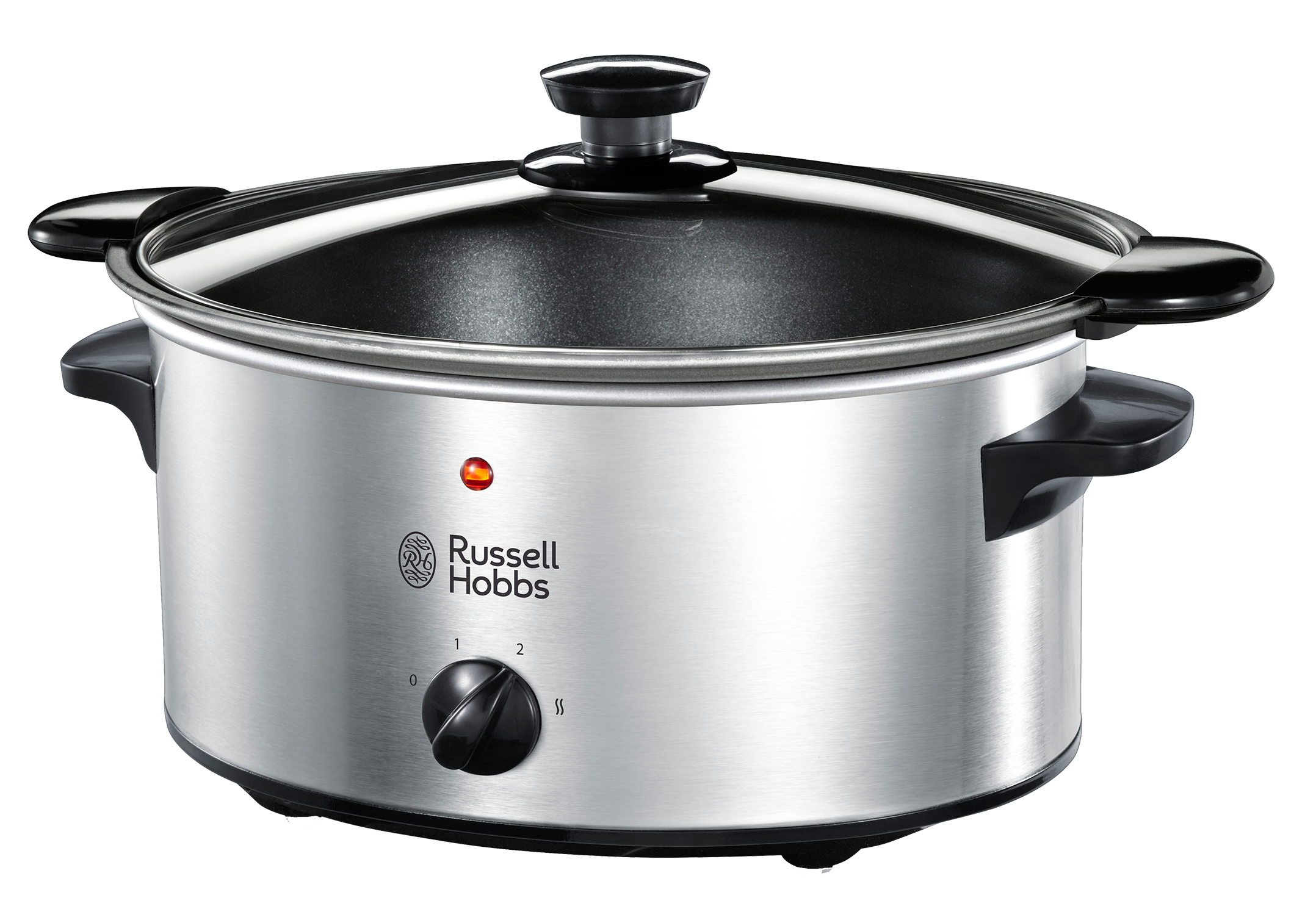 Silberner Russell Hobbs Slow Cooker mit schwarzem Deckel und Griffen, rotem Licht an der Seite und einem Drehregler.