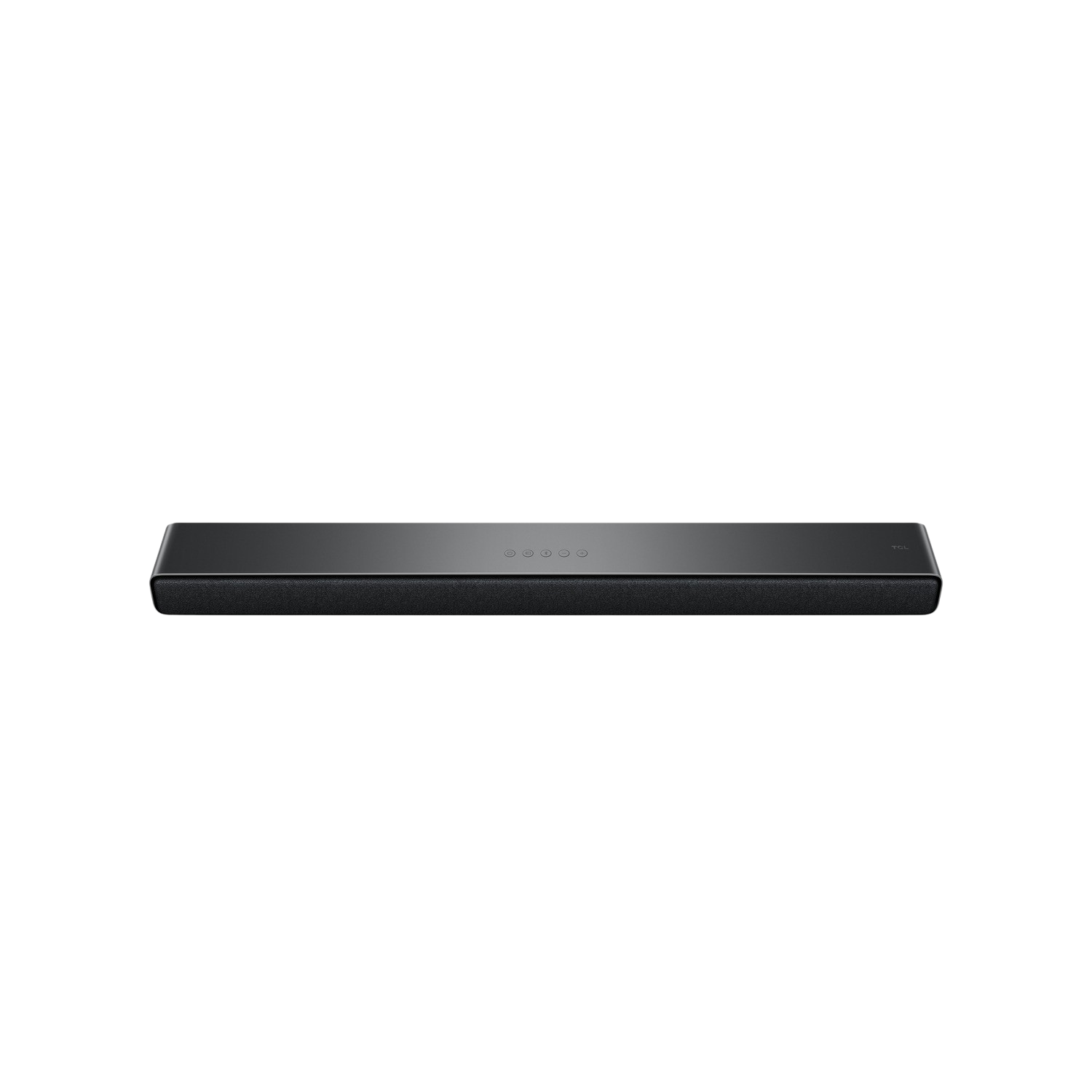 Soundbar nera, orizzontale su sfondo nero, con pulsanti argentati.