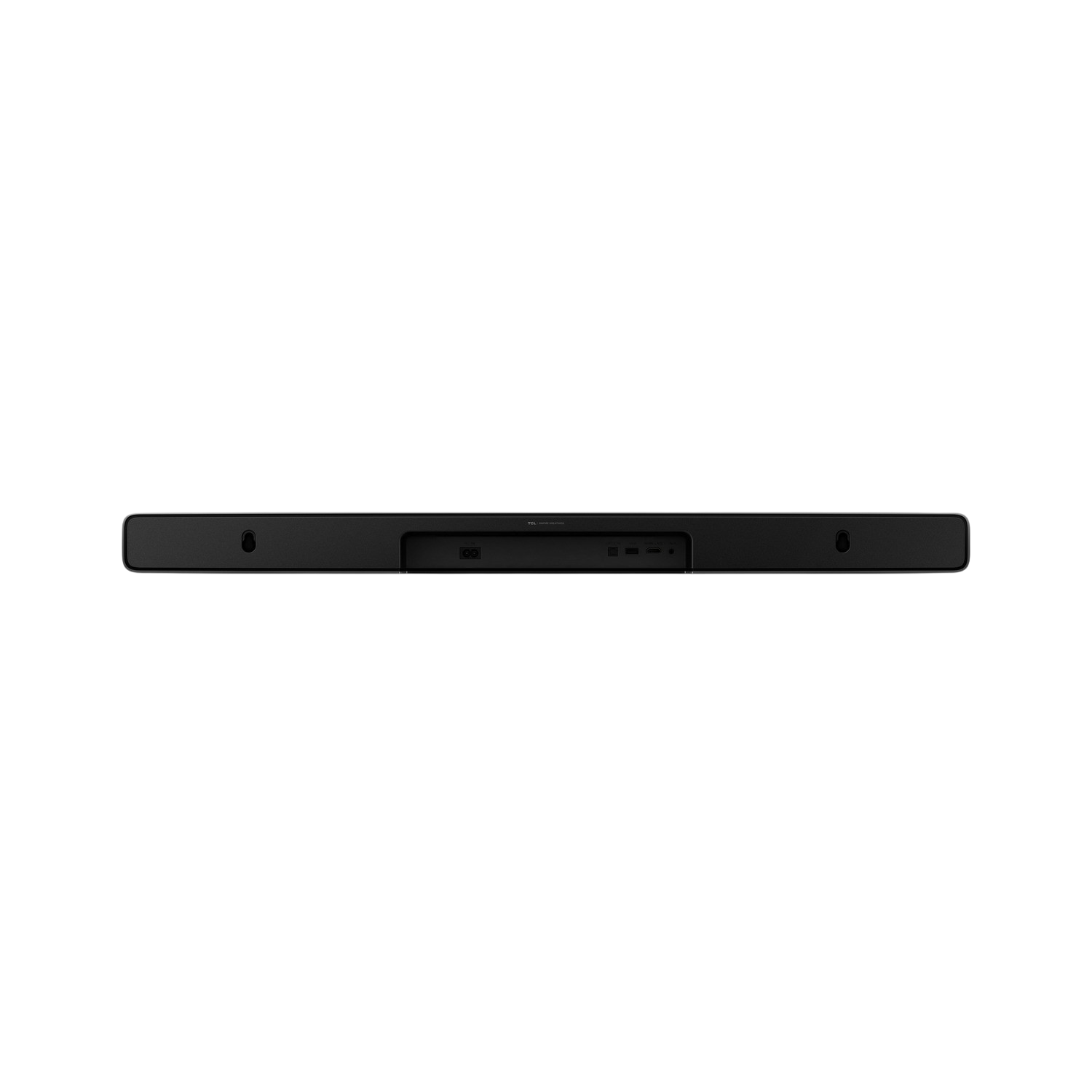 Soundbar nera, lunga e sottile. Posta su sfondo scuro. Con porte di connessione.