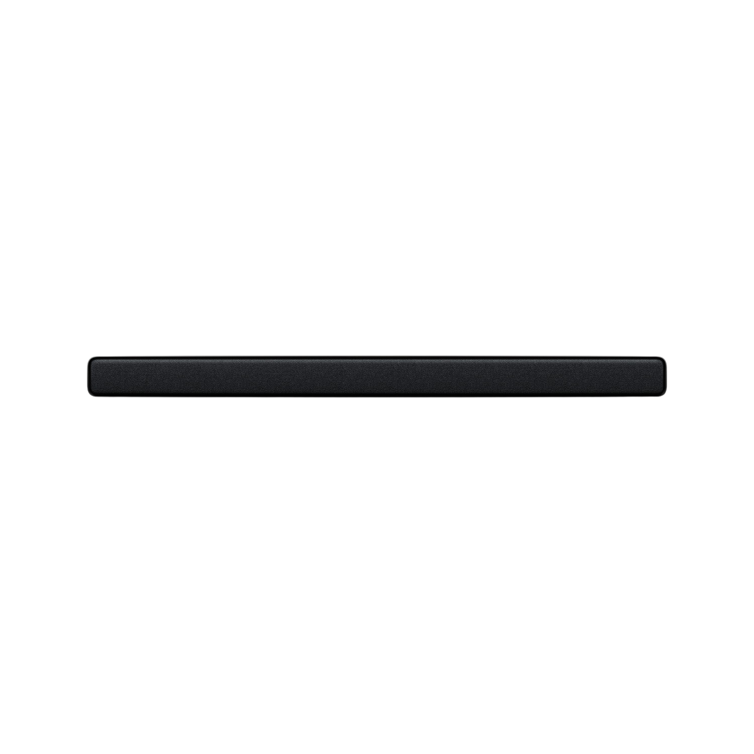 Una soundbar nera, posizionata orizzontalmente su uno sfondo nero.