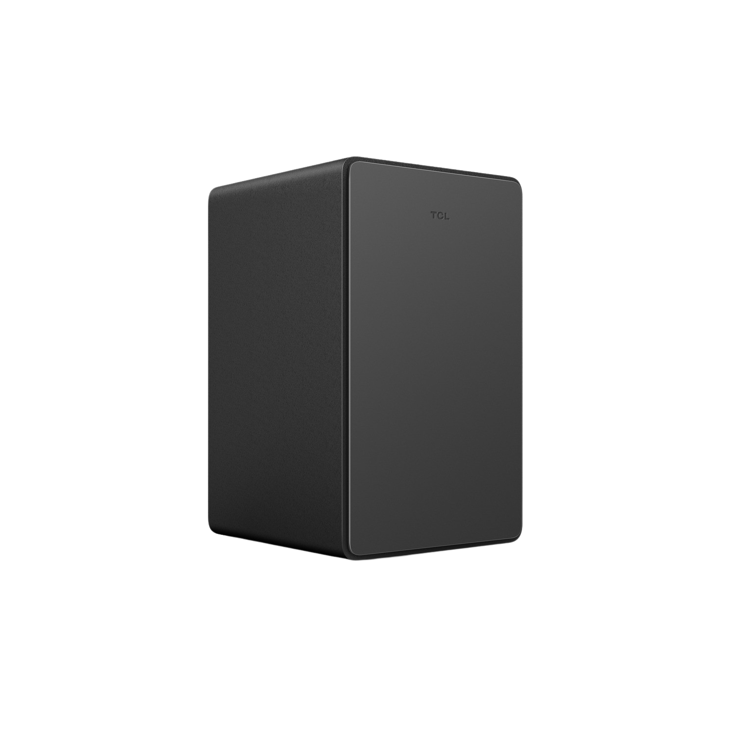 Subwoofer TCL nero. Semplice scatola nera con angoli arrotondati. Logo TCL in alto a destra.