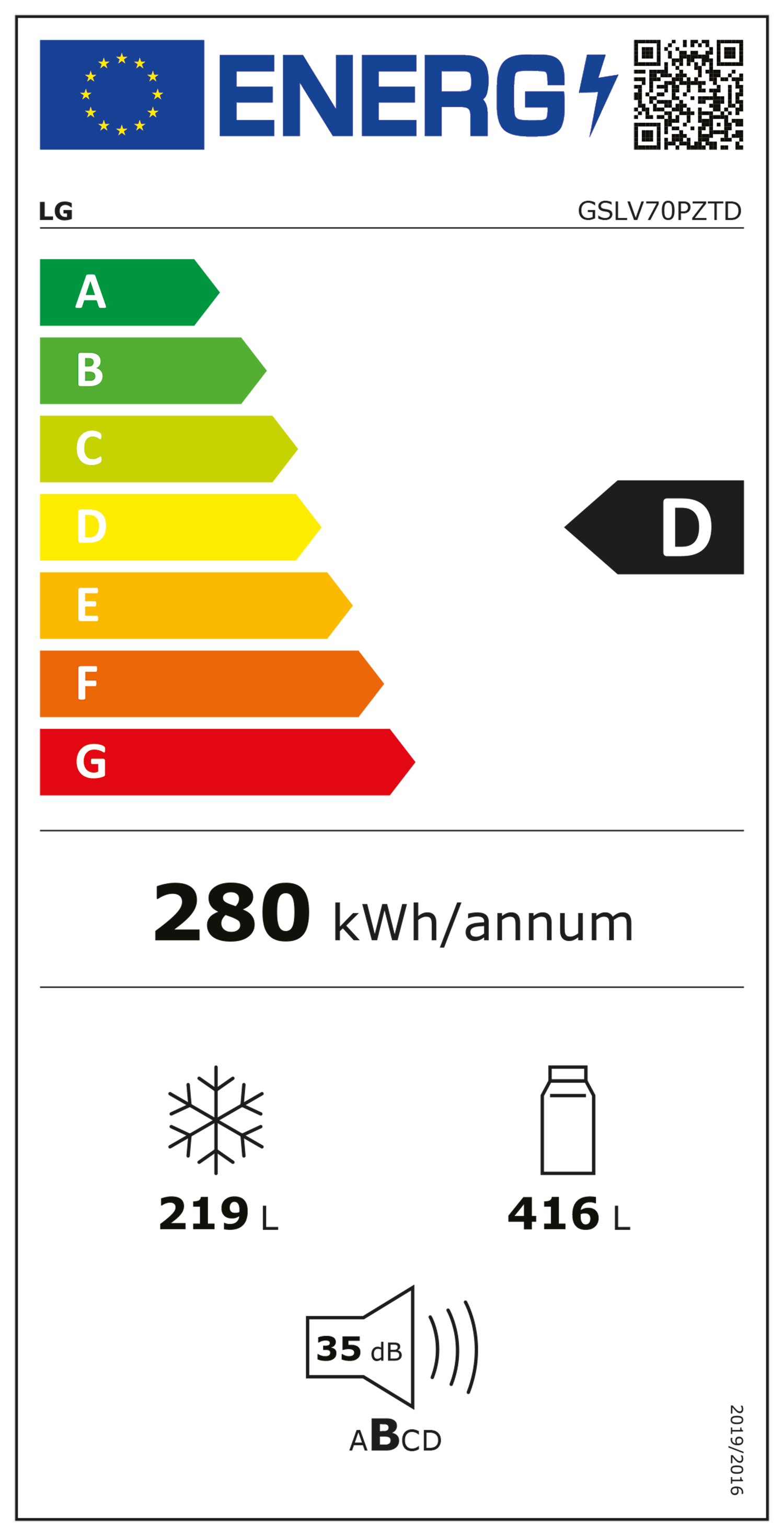 Energielabel mit Energieeffizienz-Informationen für einen Kühlschrank, mit schwarzem Hintergrund.