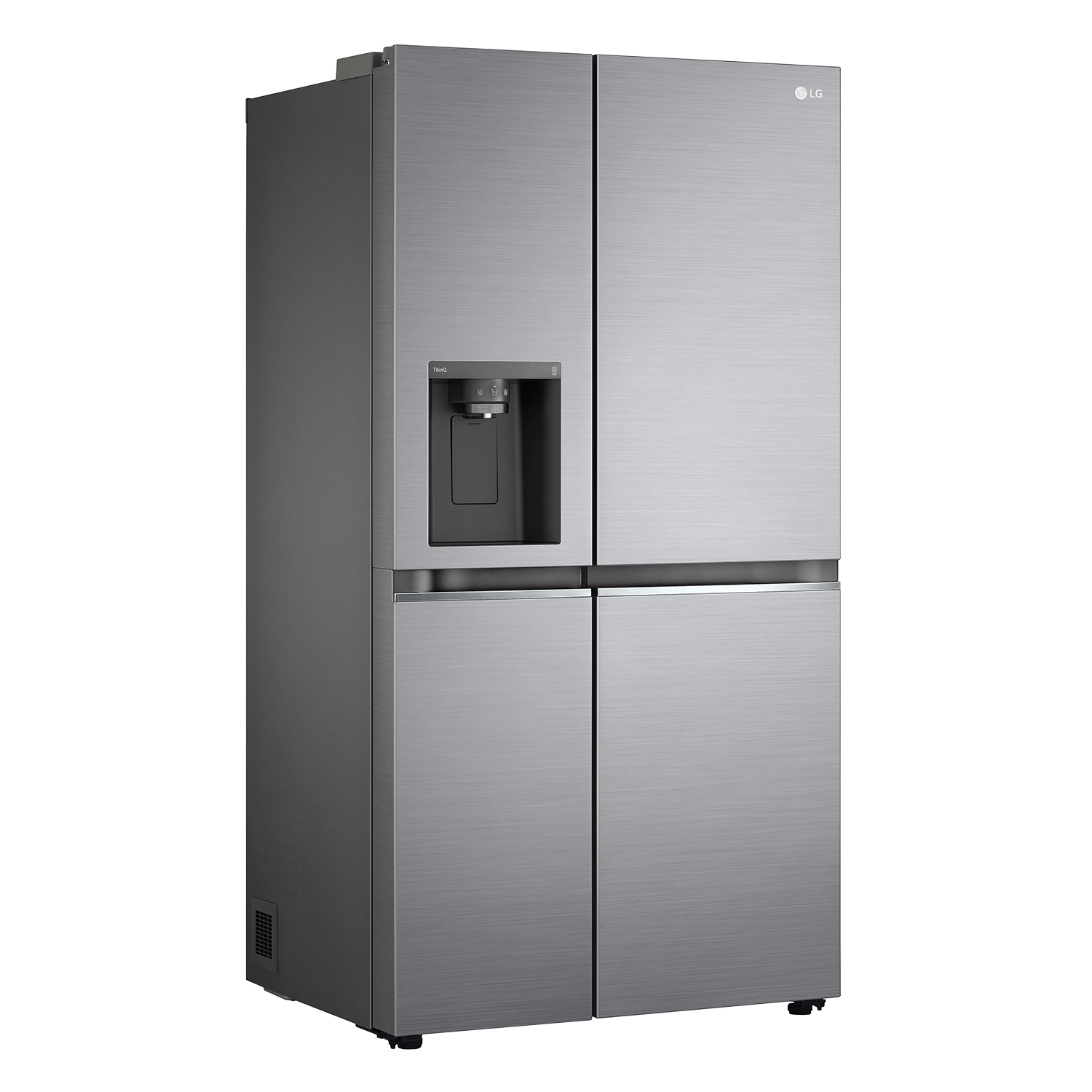 Ein silberner LG-Kühlschrank mit vier Türen und Wasserspender. Modernes Design.