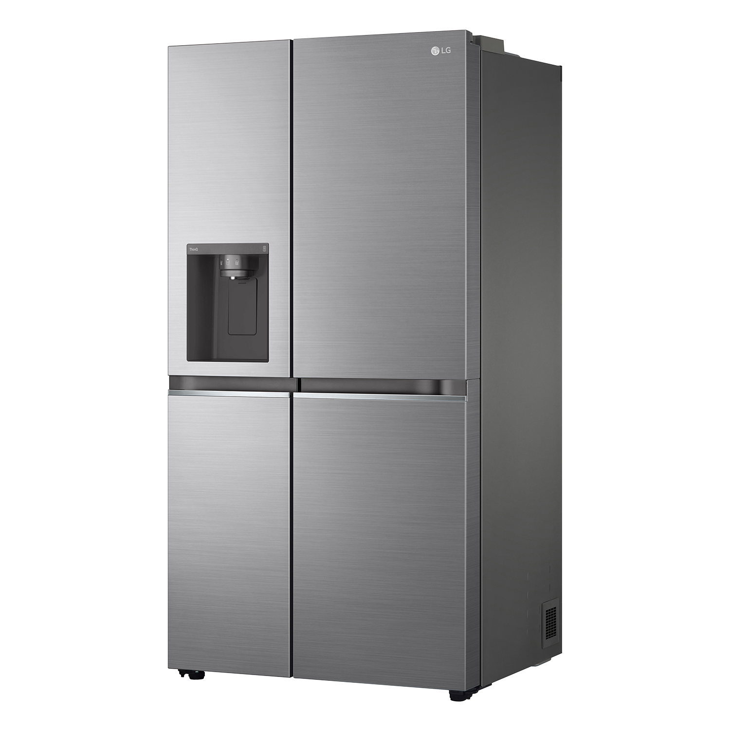 Ein grauer LG-Kühlschrank mit vier Türen, Wasserspender und schwarzem Hintergrund.