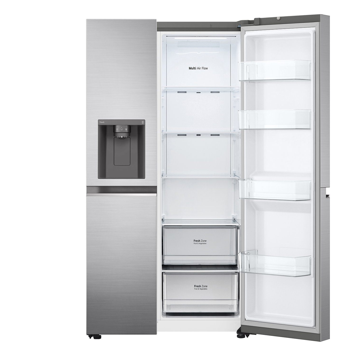 Edelstahlkühlschrank mit geöffneten Türen. Innen: Regale, Schubladen und Wasserspender.