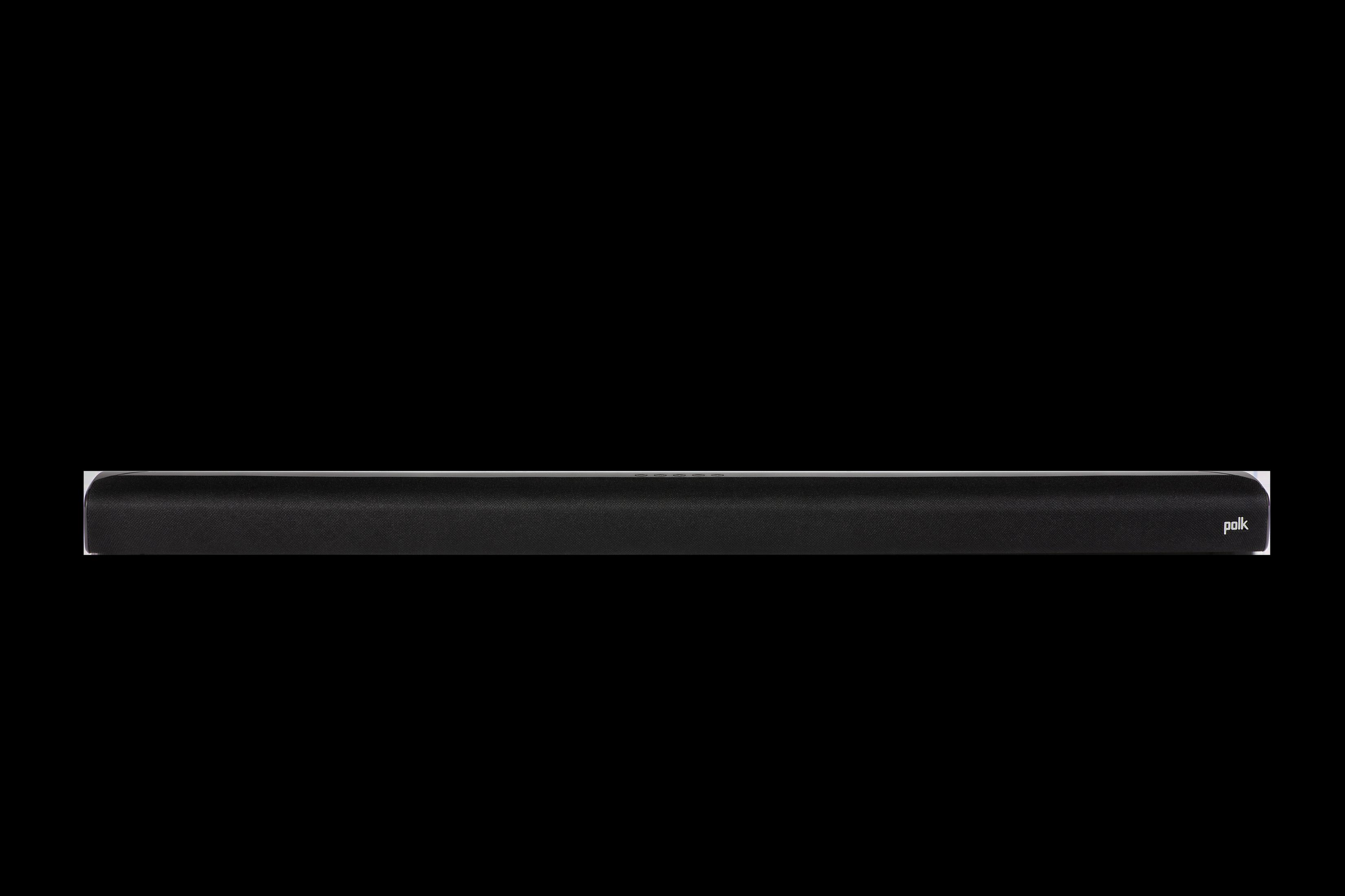 Schwarze Soundbar mit Polk-Logo. Sie ist lang und rechteckig.