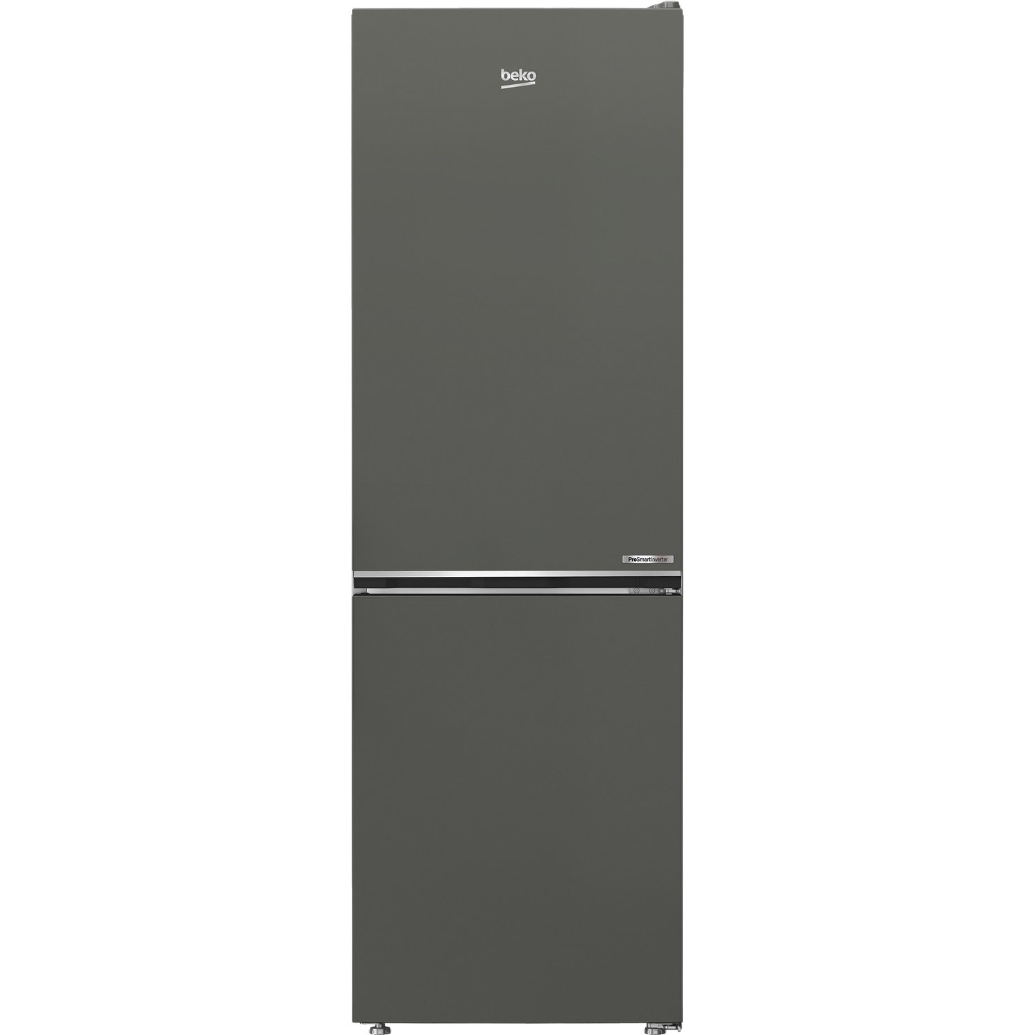 Grauer Beko-Kühlschrank. Er hat zwei Türen und einen Edelstahlgriff.