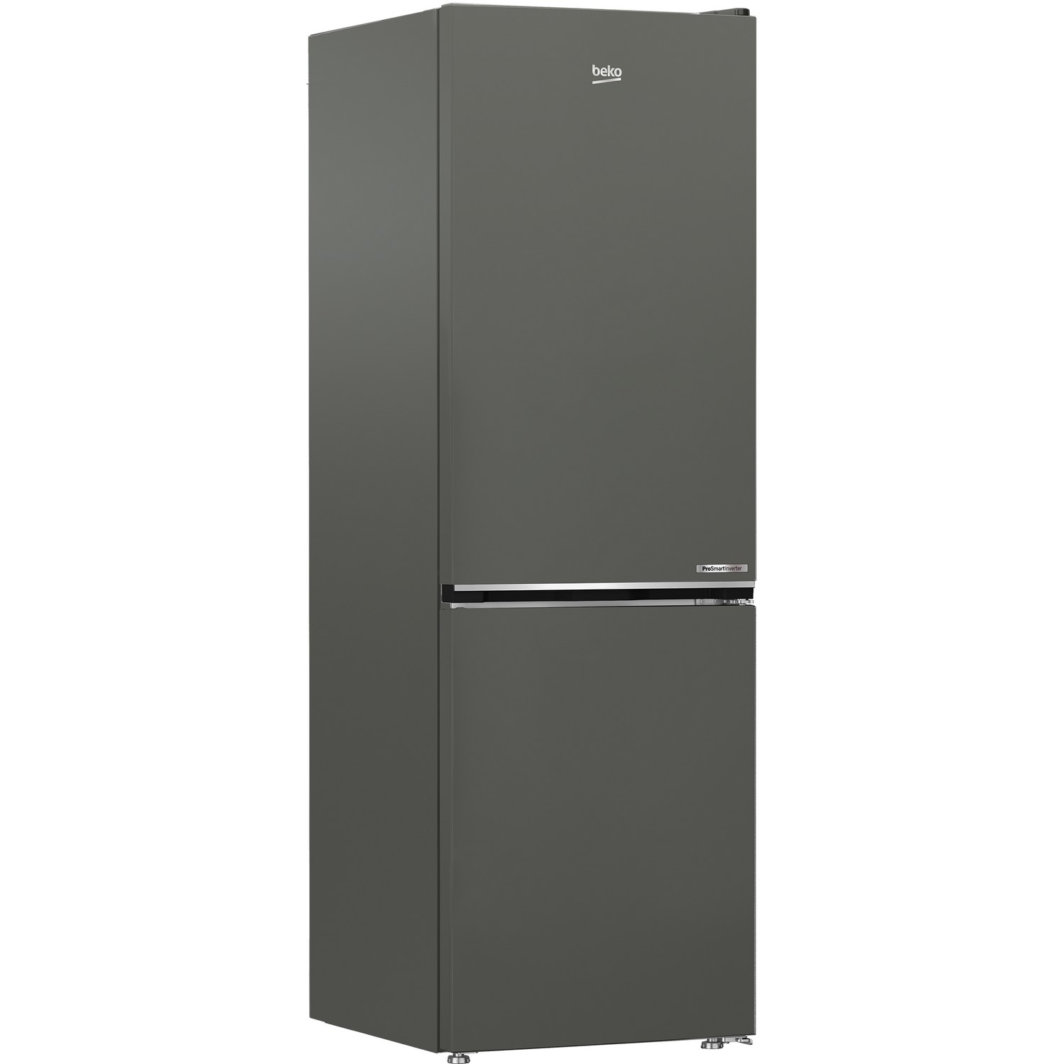 Ein dunkelgrauer Kühlschrank mit zwei Türen.
