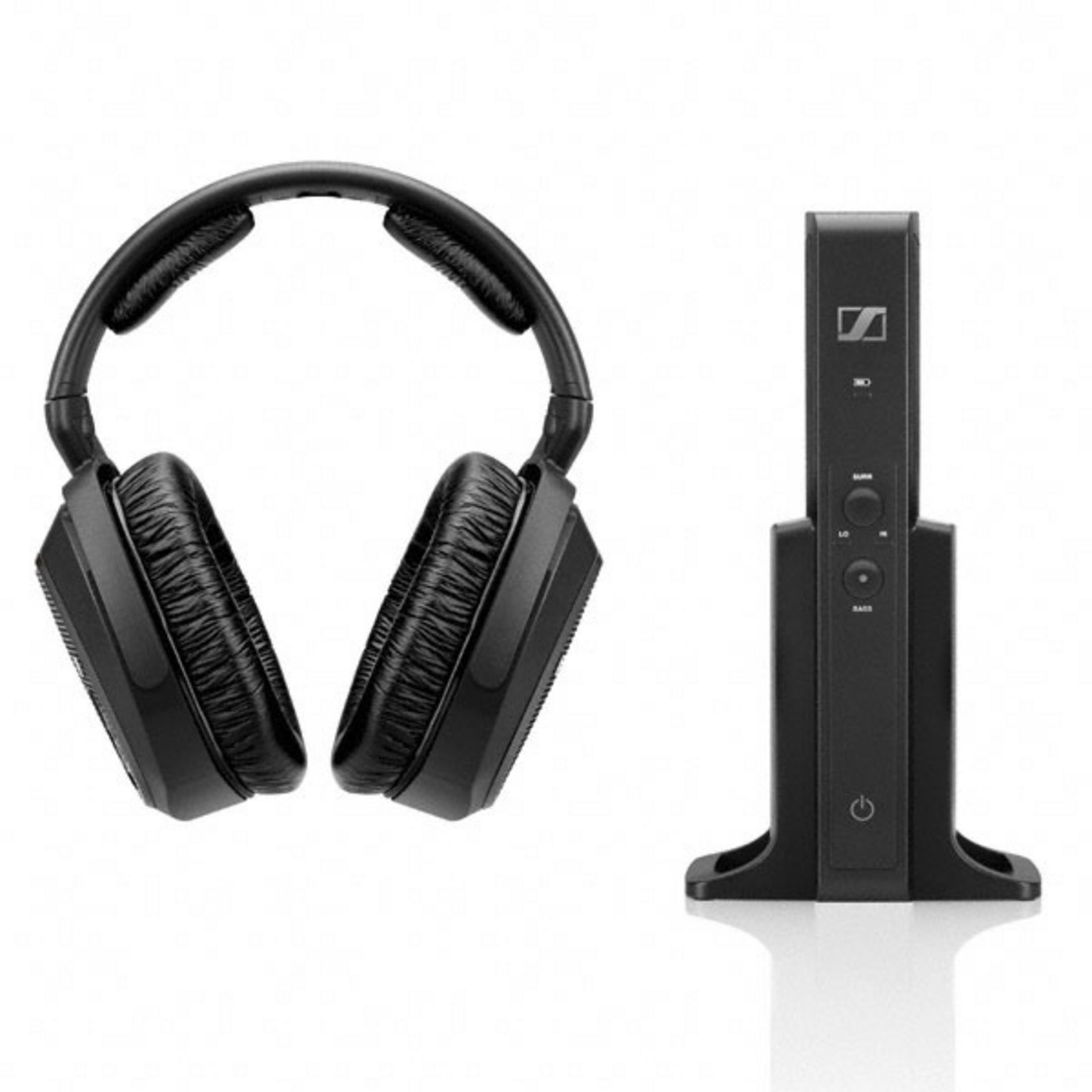 Auriculares negros con base de carga. La base tiene un botón de encendido y luces indicadoras.