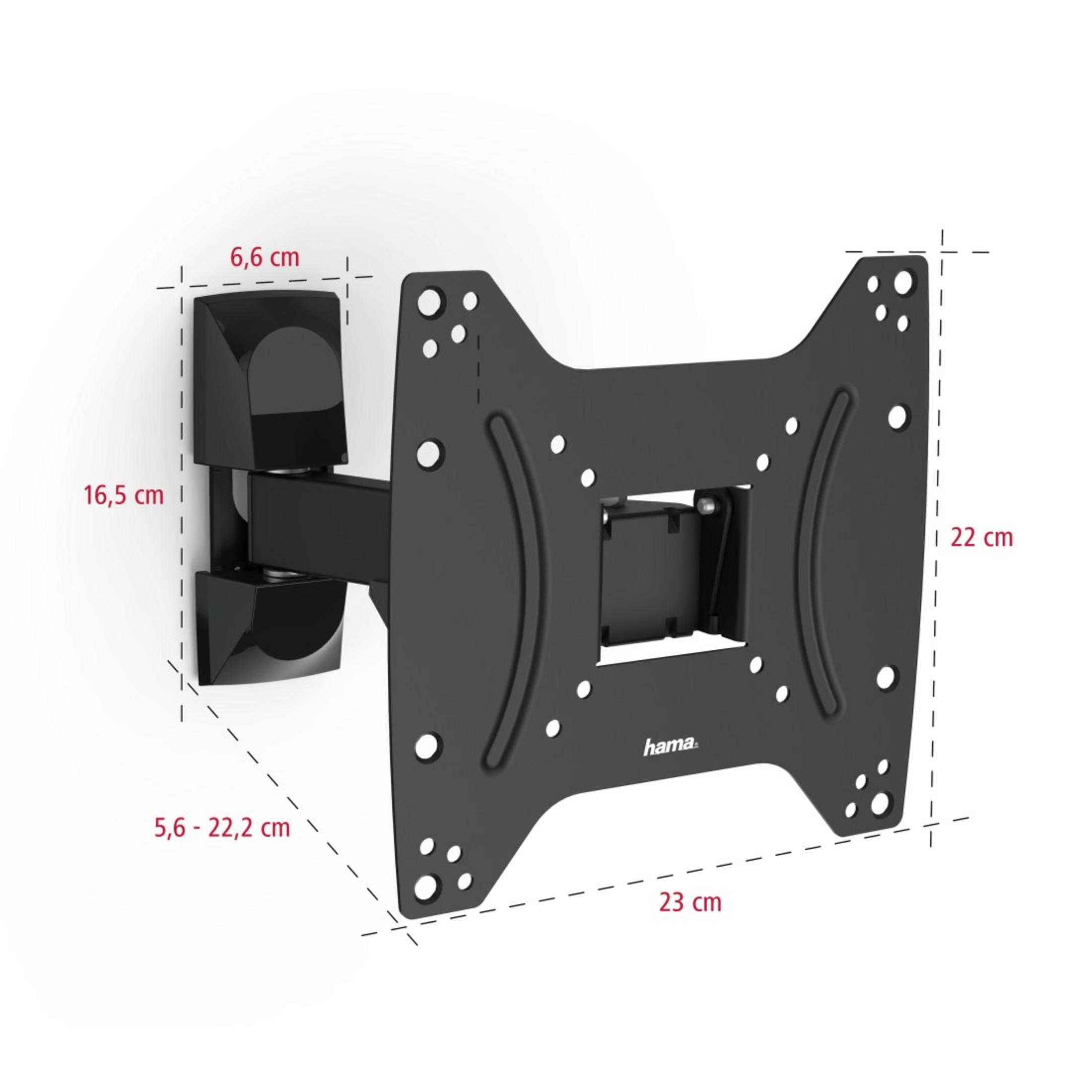 Czarny uchwyt ścienny do telewizora z pokazanymi wymiarami. Białe tło.