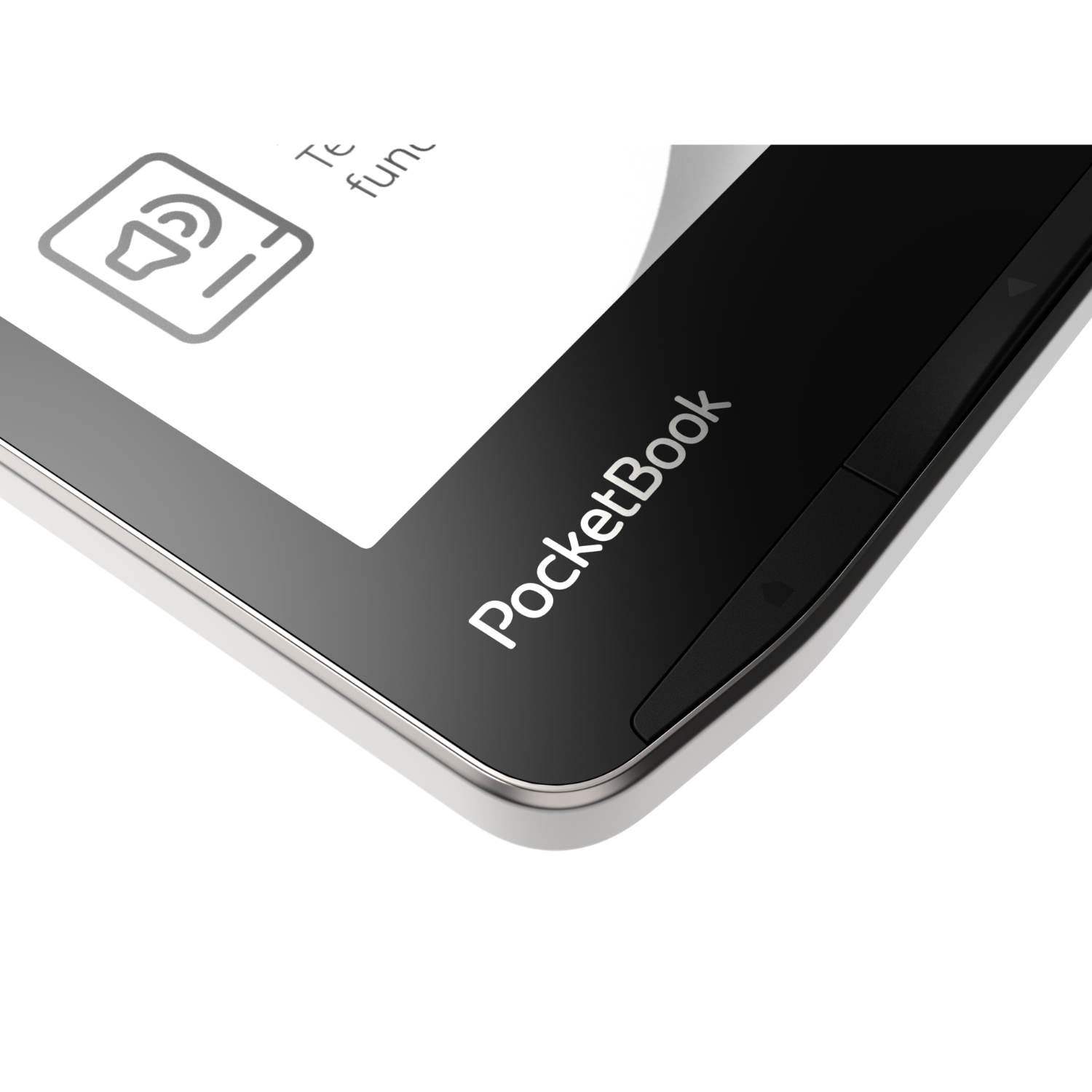 Zbliżenie rogu czarnego czytnika PocketBook, pokazujące logo i boczne przyciski.