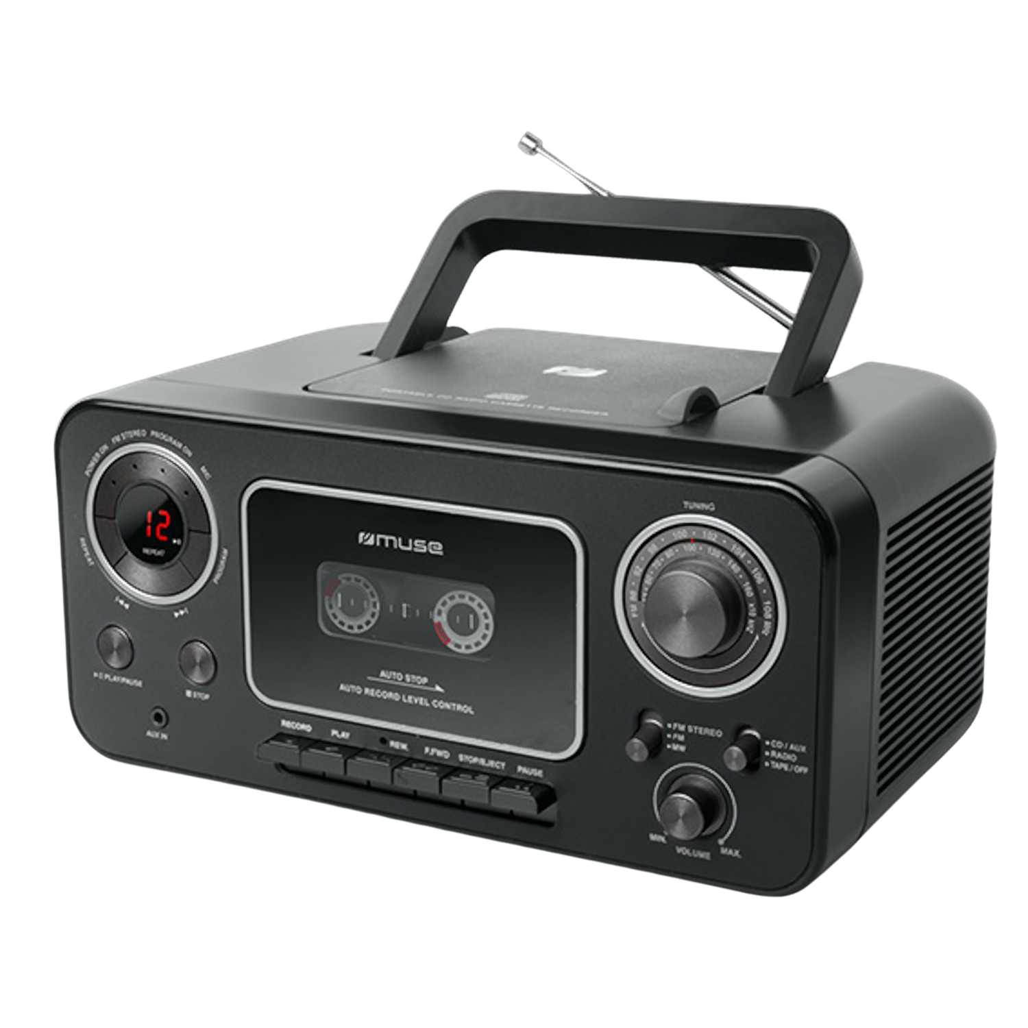 Radio vintage negro con asa. Reproductor de casetes, dial de sintonización y pantalla.