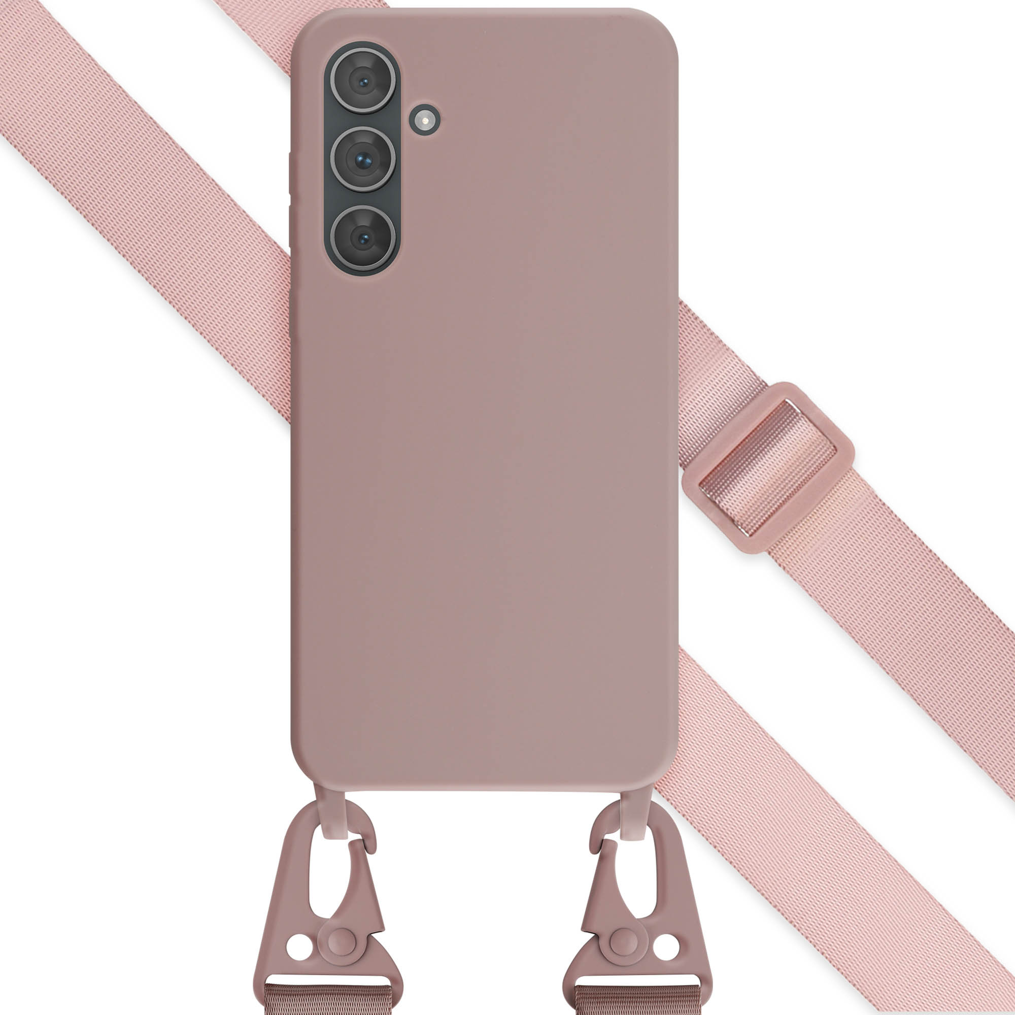 Mauve telefoonhoesje met drie camera's aan de achterkant, bevestigd aan roze band met sluiting, witte achtergrond.