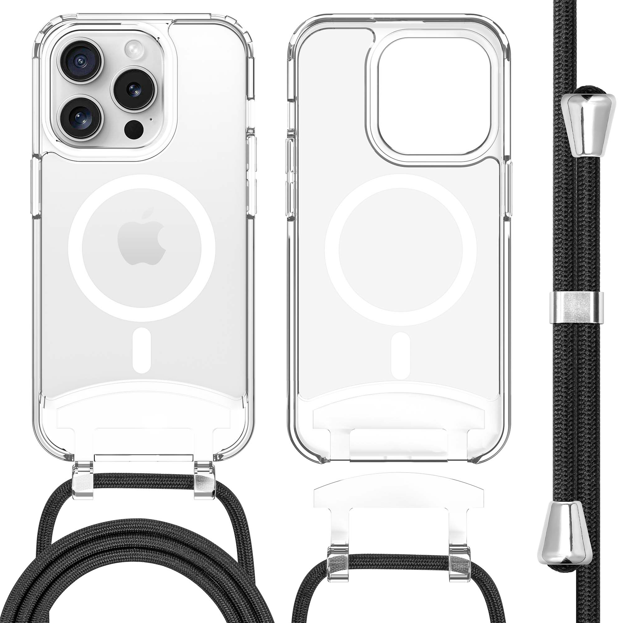 Coques de téléphone transparentes avec un cordon noir. Deux coques, une avec téléphone, et un cordon.