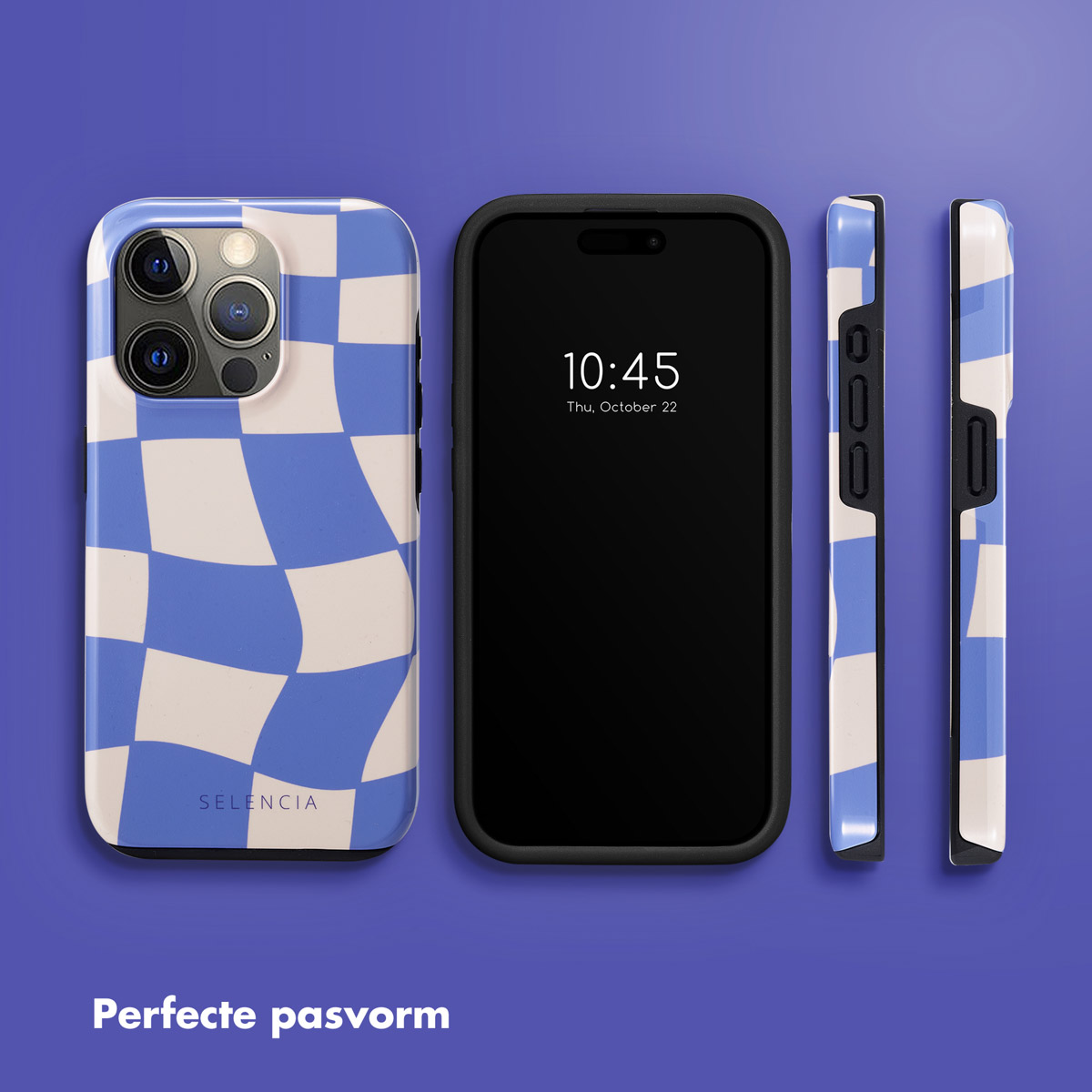Handyhüllen mit blau-weißem Karomuster, ein schwarzes Telefon und Anzeige von Uhrzeit/Datum.