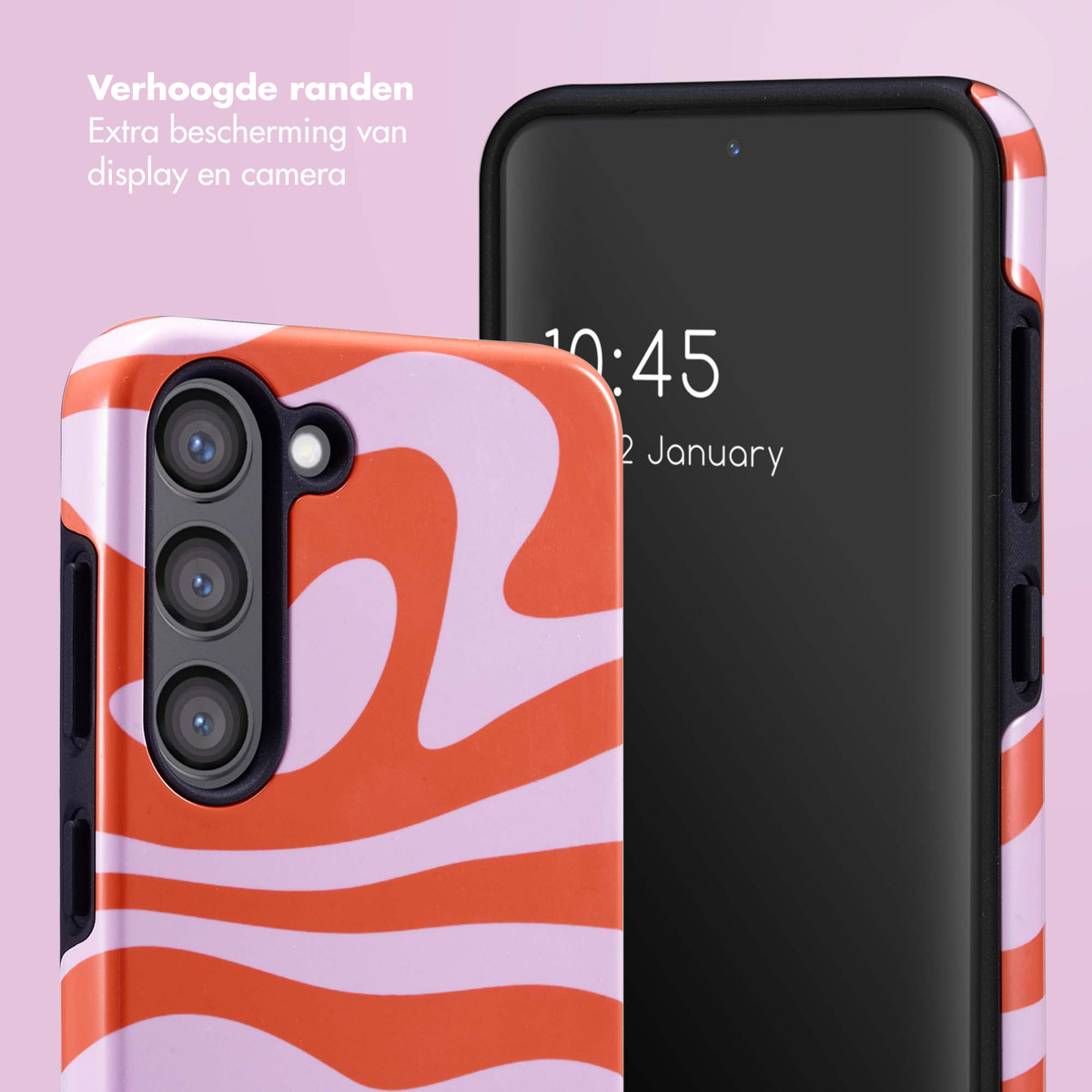 Un téléphone avec une coque colorée et un écran noir à côté.
