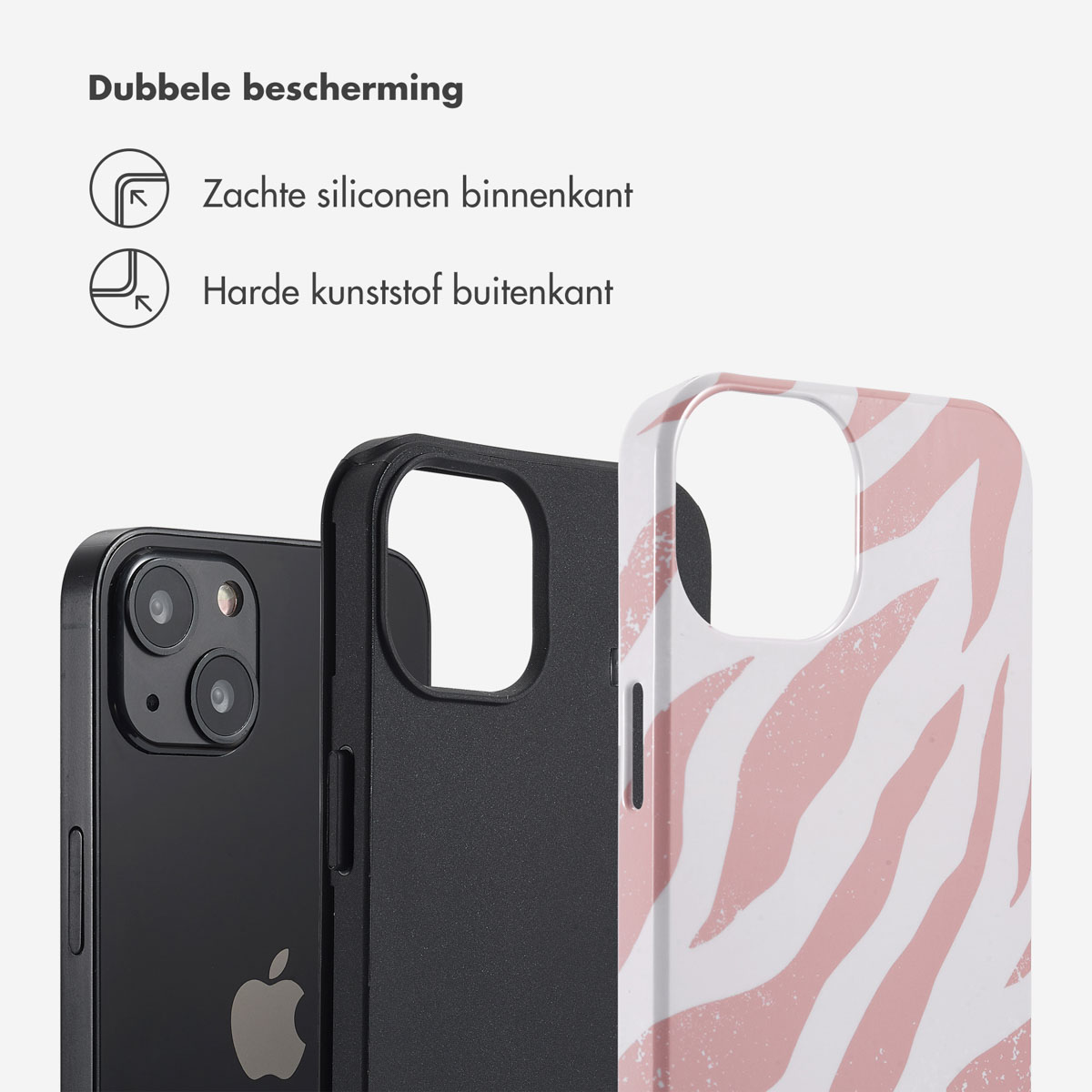 Coque de téléphone avec un motif zébré sur un téléphone noir. La coque est sur une surface blanche.
