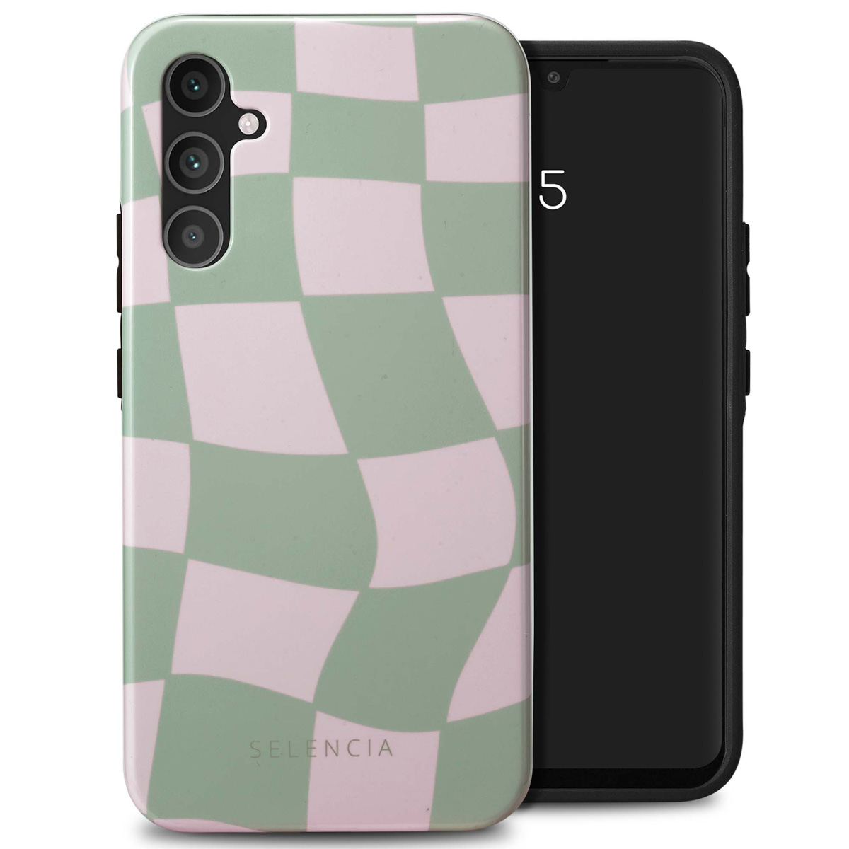 Telefoon met een groen-roze dambordhoesje. De telefoon ligt naast het hoesje. Witte achtergrond.