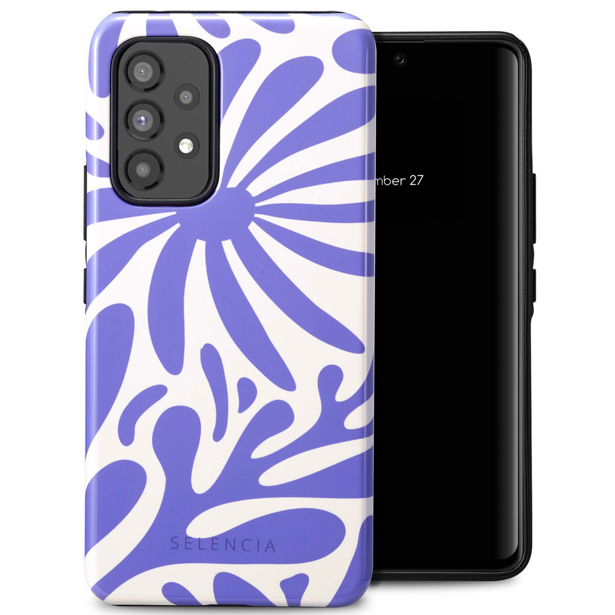 Coque de téléphone avec motif floral bleu et téléphone à droite, affichant l'heure.