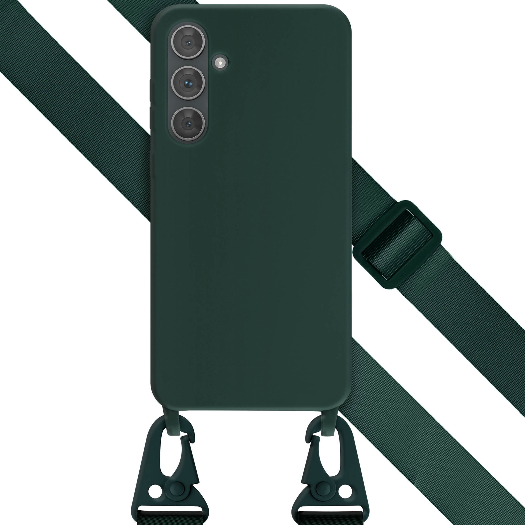Donkergroen telefoonhoesje met een riem. De riem is donkergroen met zwarte plastic clips.