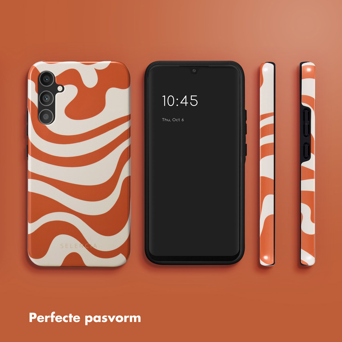 Telefoon met een golvende oranje en witte hoes. De tekst op de hoes is SELENCIA.