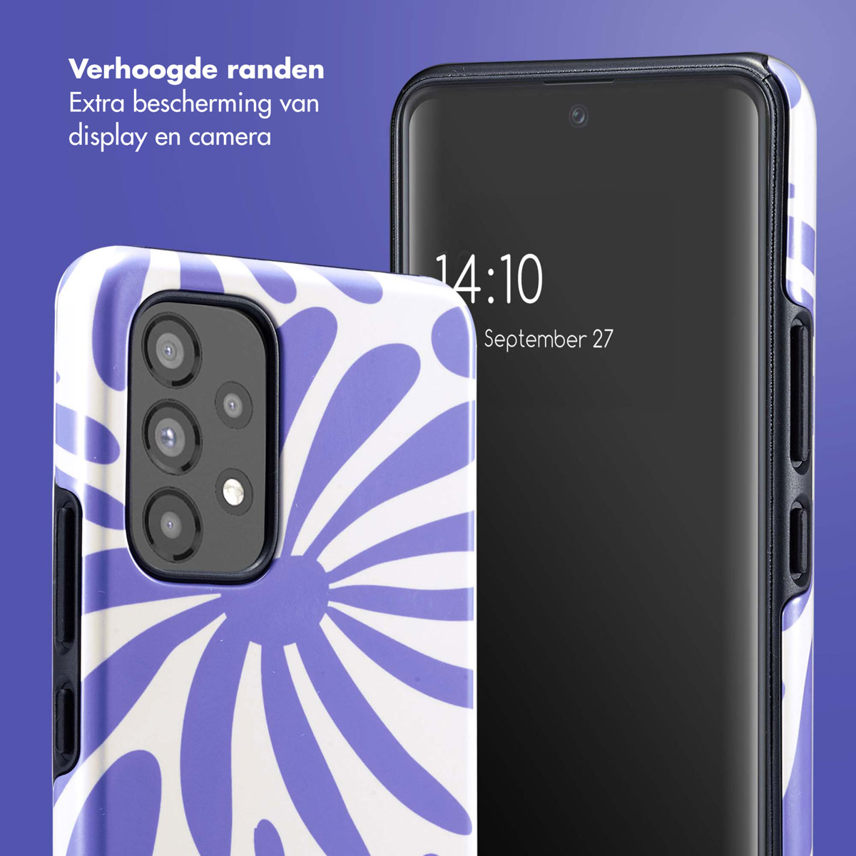 Coque de téléphone avec motif floral violet. Téléphone avec l'heure 14:10, 27 septembre.