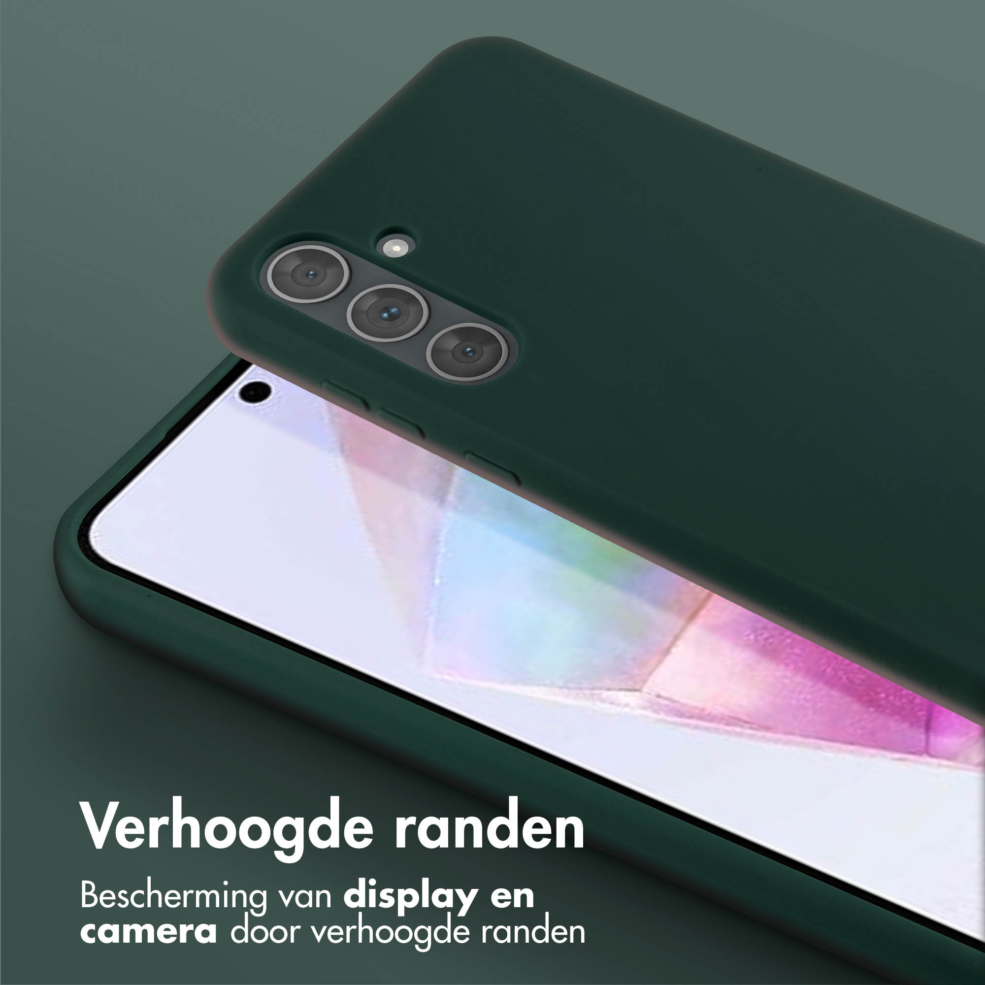 Donkergroene telefoonhoes op een telefoon. Scherm en camera worden beschermd door verhoogde randen.