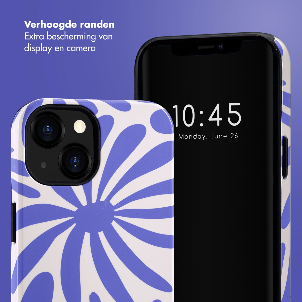 Un smartphone avec un étui à motif floral bleu. L'écran affiche 10h45.