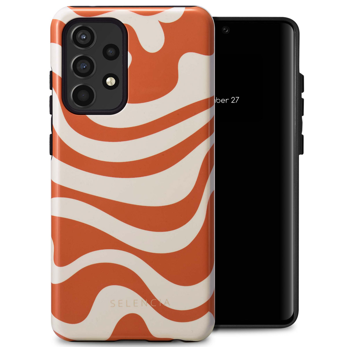 Telefoon met een oranje en witte hoes. De hoes heeft een golvend patroon.