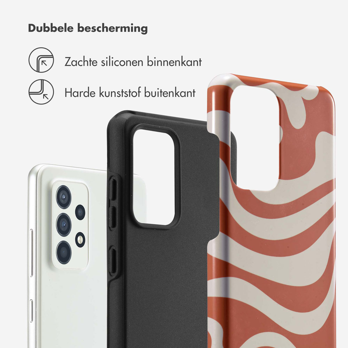 Een telefoonhoesje met een rood en wit wervelontwerp en twee telefoononderdelen.