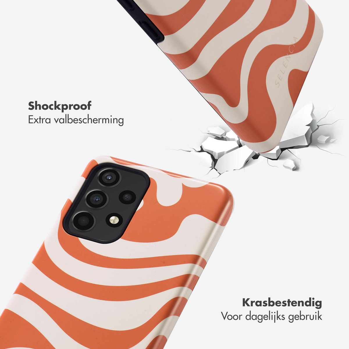 Telefoonhoesje met een oranje en wit gestreept ontwerp. De telefoon valt en de hoes breekt.