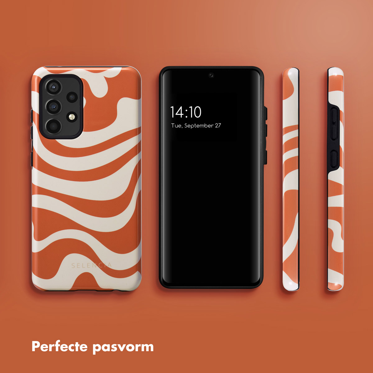 Telefoon met oranje en witte golvende hoes. Tijd: 14:10, di 27 september.