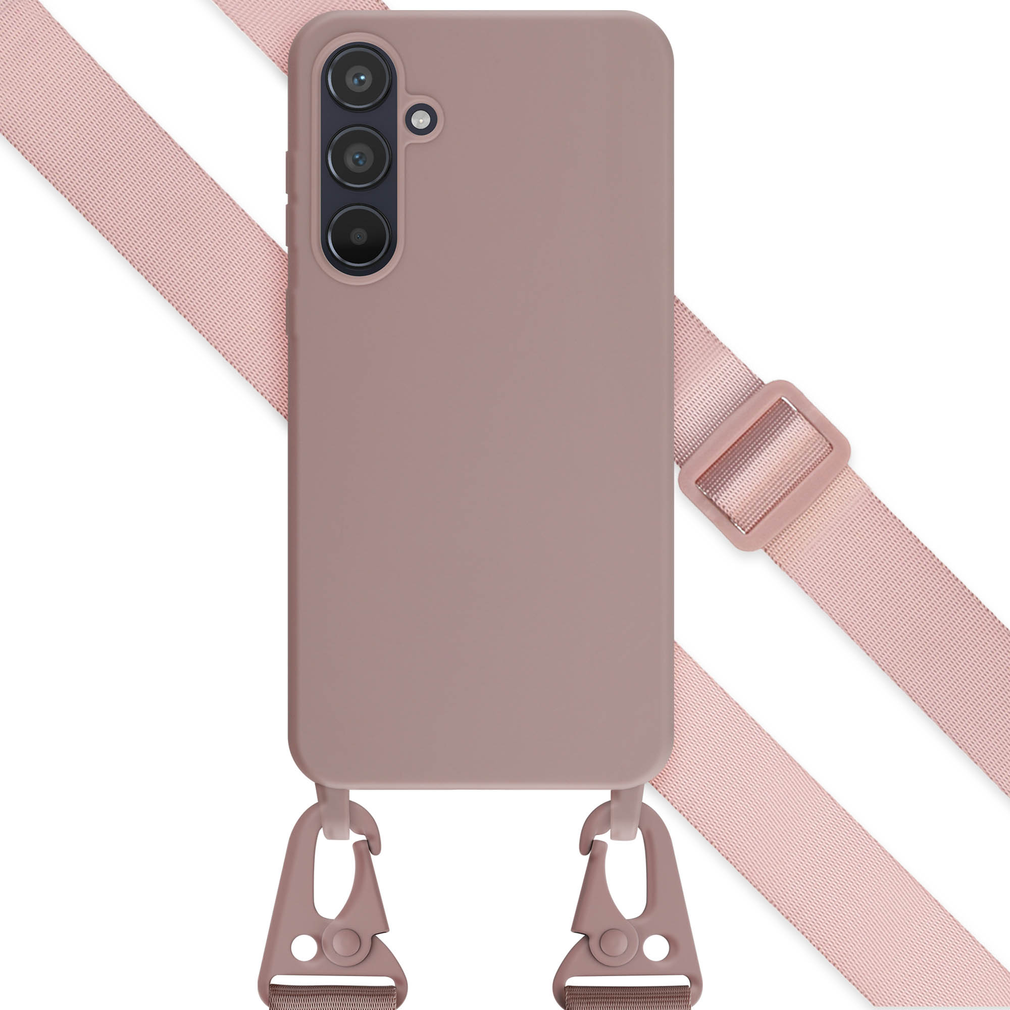 Roze telefoonhoesje met riem en haken. Witte achtergrond.