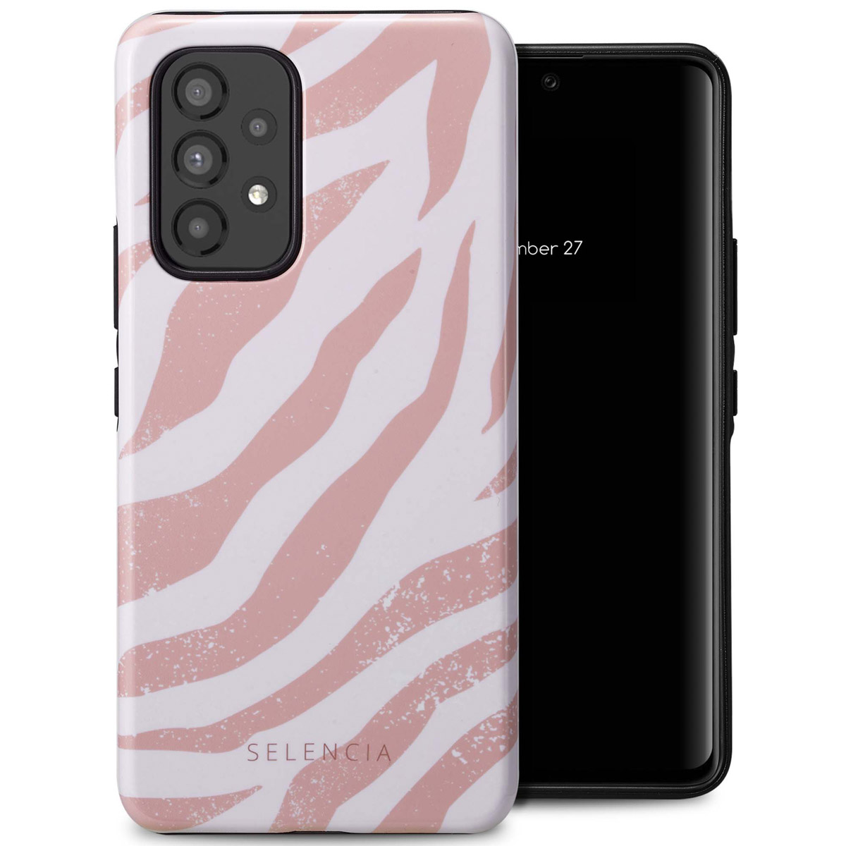 Coque de téléphone avec un motif zébré blanc et rose. Téléphone avec écran noir visible.