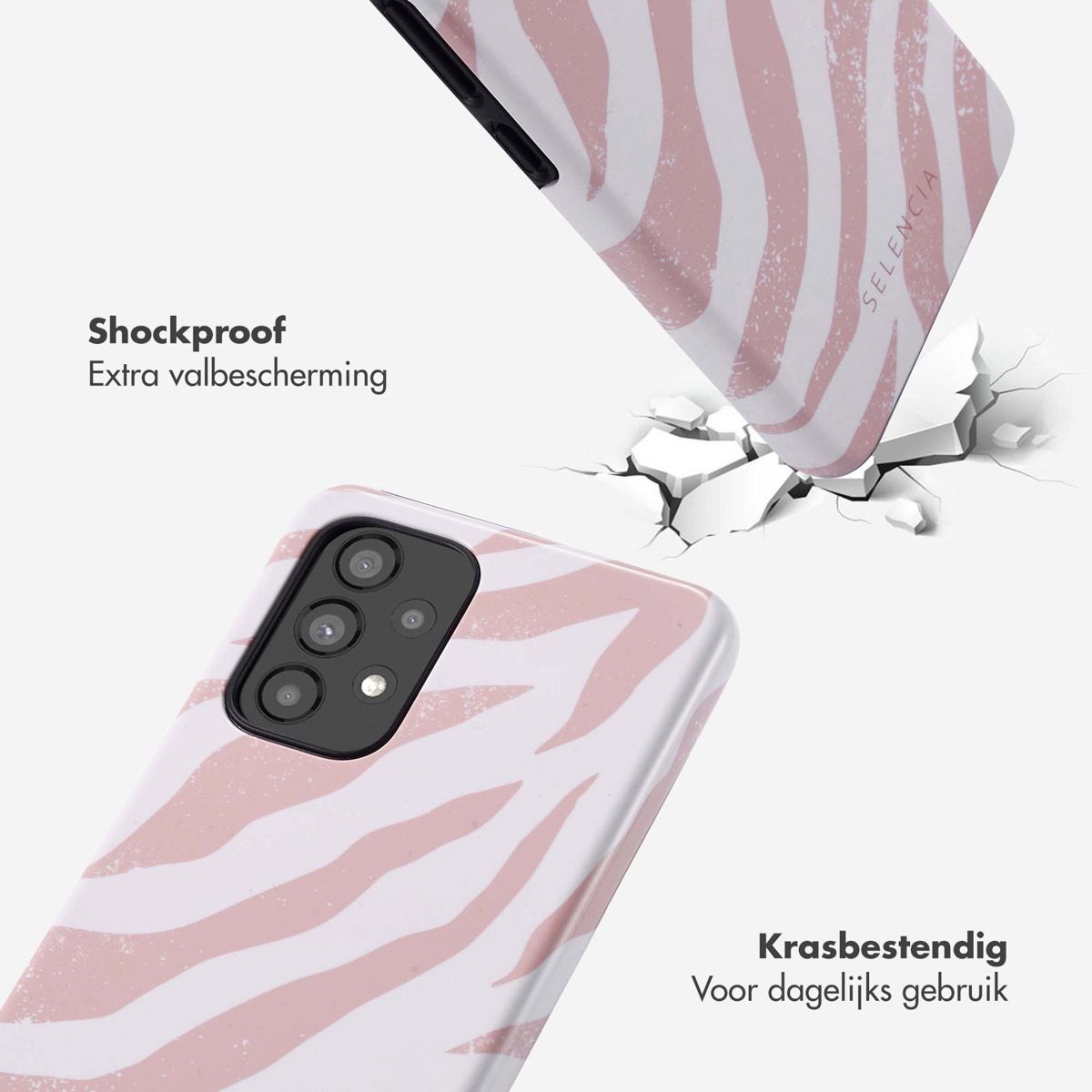 Coque de téléphone avec un motif zébré. La coque est cassée après l'impact.