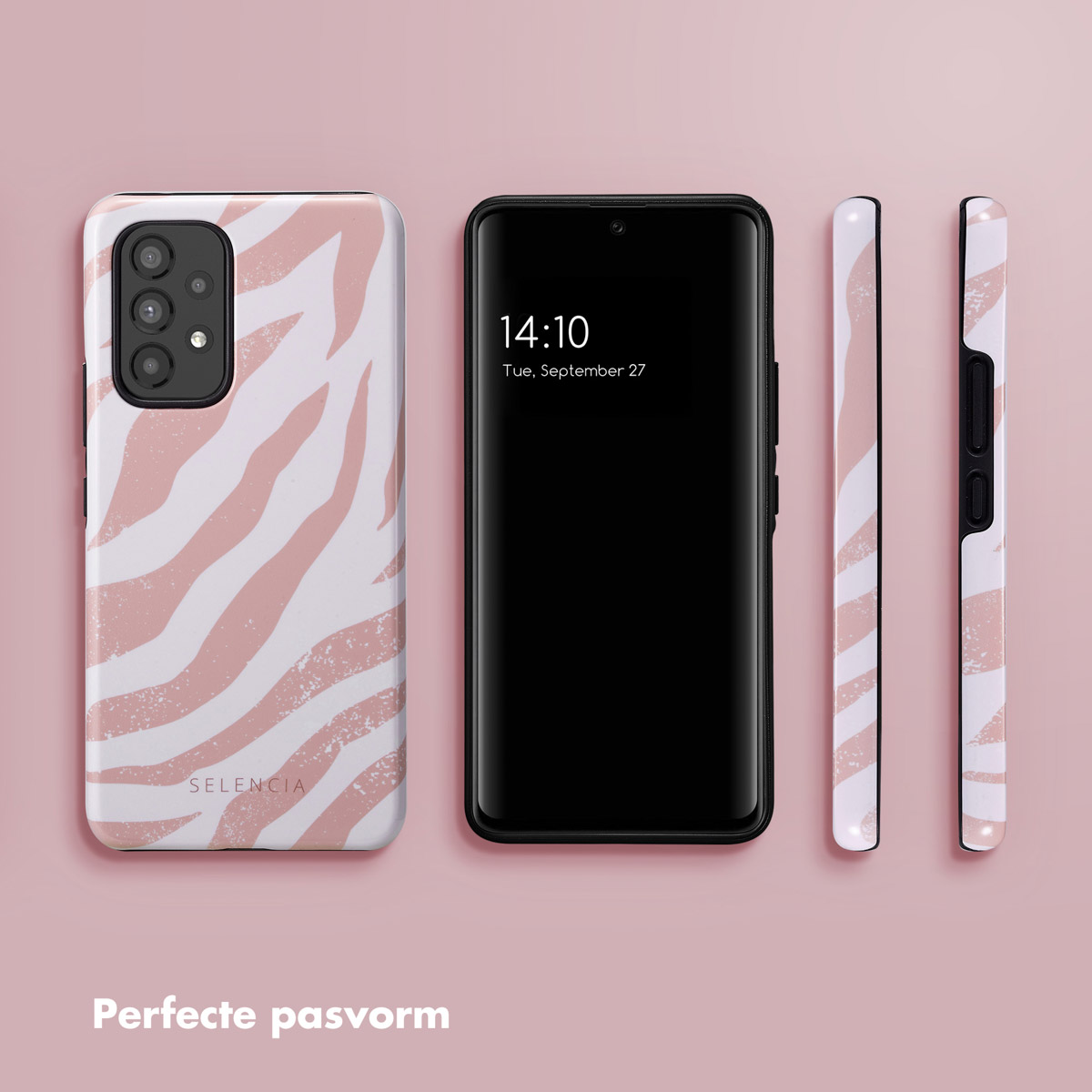 Téléphone, coque et vue latérale. La coque a un motif zébré rose et blanc. Le téléphone affiche l'heure.