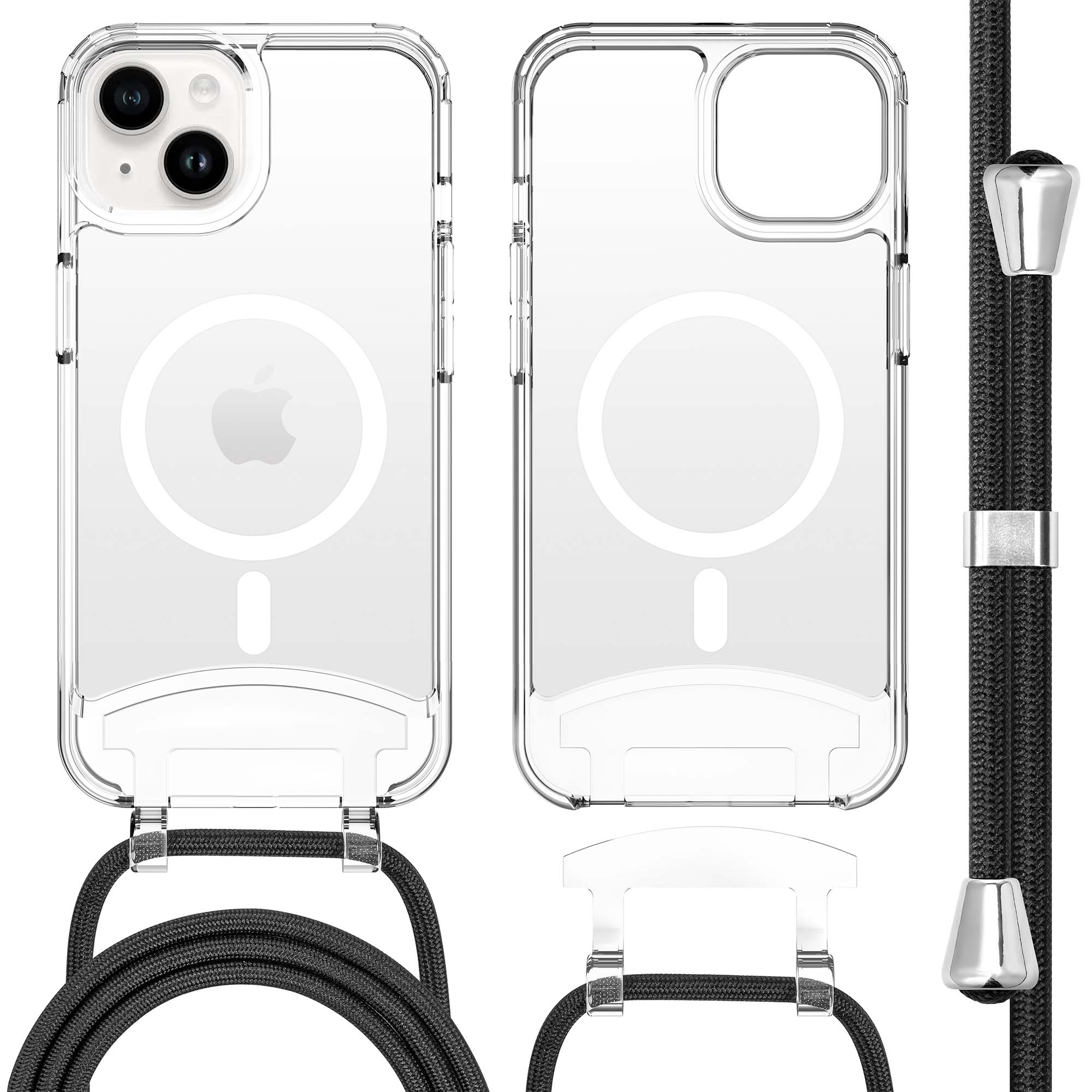 Coque de téléphone transparente avec une sangle noire. La coque a un cercle blanc. Sangle noire et argentée.